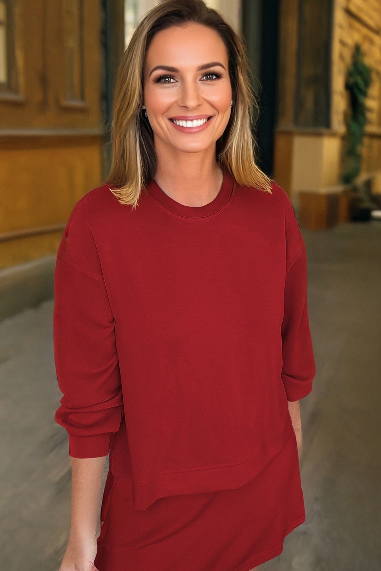 Racing Red Solid Color Drop Shoulder Pullover Drawstring Mini Skirt 2pcs Outfit-Two Piece Sets/Two Piece Dresses-[Adult]-[Female]-2022 Online Blue Zone Planet