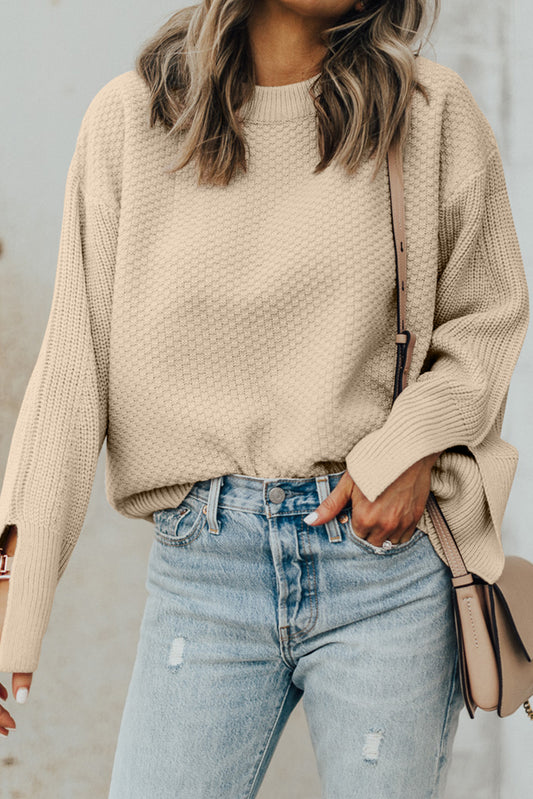 Parchment Solid Textured Knit Split Cuff Drop Shoulder Loose Sweater-Sweaters & Cardigans/Sweaters-[Adult]-[Female]-Parchment-S-2022 Online Blue Zone Planet