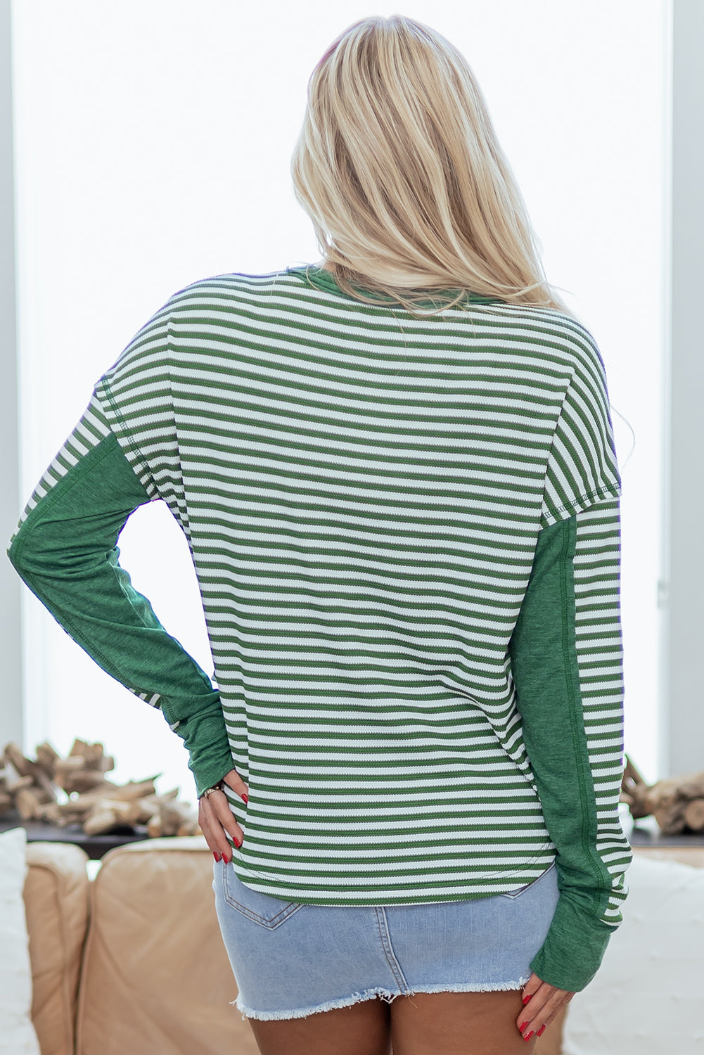 Green Stripe Thermal Knit Drop Shoulder Casual Top-Tops/Long Sleeve Tops-[Adult]-[Female]-2022 Online Blue Zone Planet