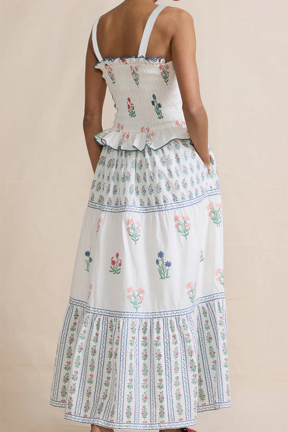 White Floral Print Smocked Ruffled Sleeveless Maxi Dress-TOPS / DRESSES-[Adult]-[Female]-2022 Online Blue Zone Planet