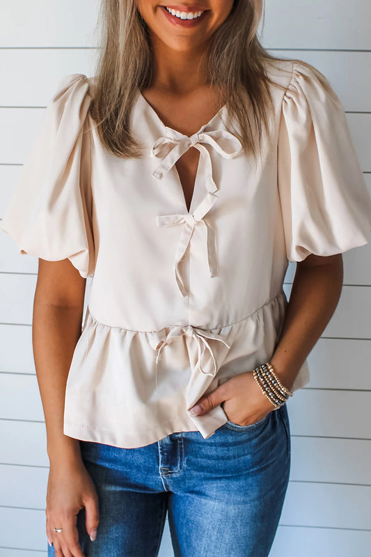White Bow Tie Short Puff Sleeve Ruffle Hem Blouse-Tops/Blouses & Shirts-[Adult]-[Female]-White-S-2022 Online Blue Zone Planet