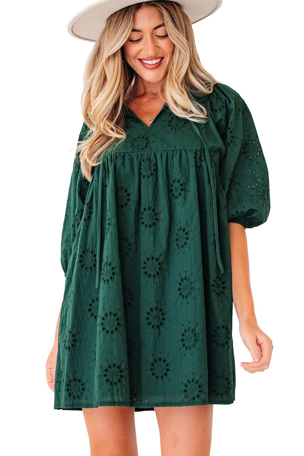 Blackish Green Embroidered Eyelet Pattern 3/4 Puffy Sleeve Swing Mini Dress-Dresses/Mini Dresses-[Adult]-[Female]-2022 Online Blue Zone Planet