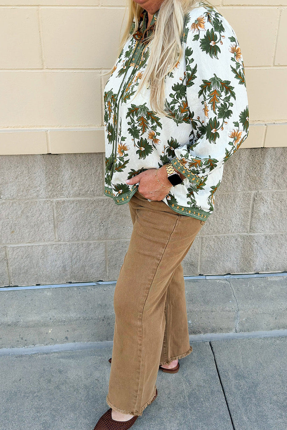 Green Plus Size Floral Printed Contrast Patchwork Detail Tassel Tie 3/4 Sleeve Blouse-Plus Size/Plus Size Tops/Plus Size Blouses & Shirts-[Adult]-[Female]-2022 Online Blue Zone Planet