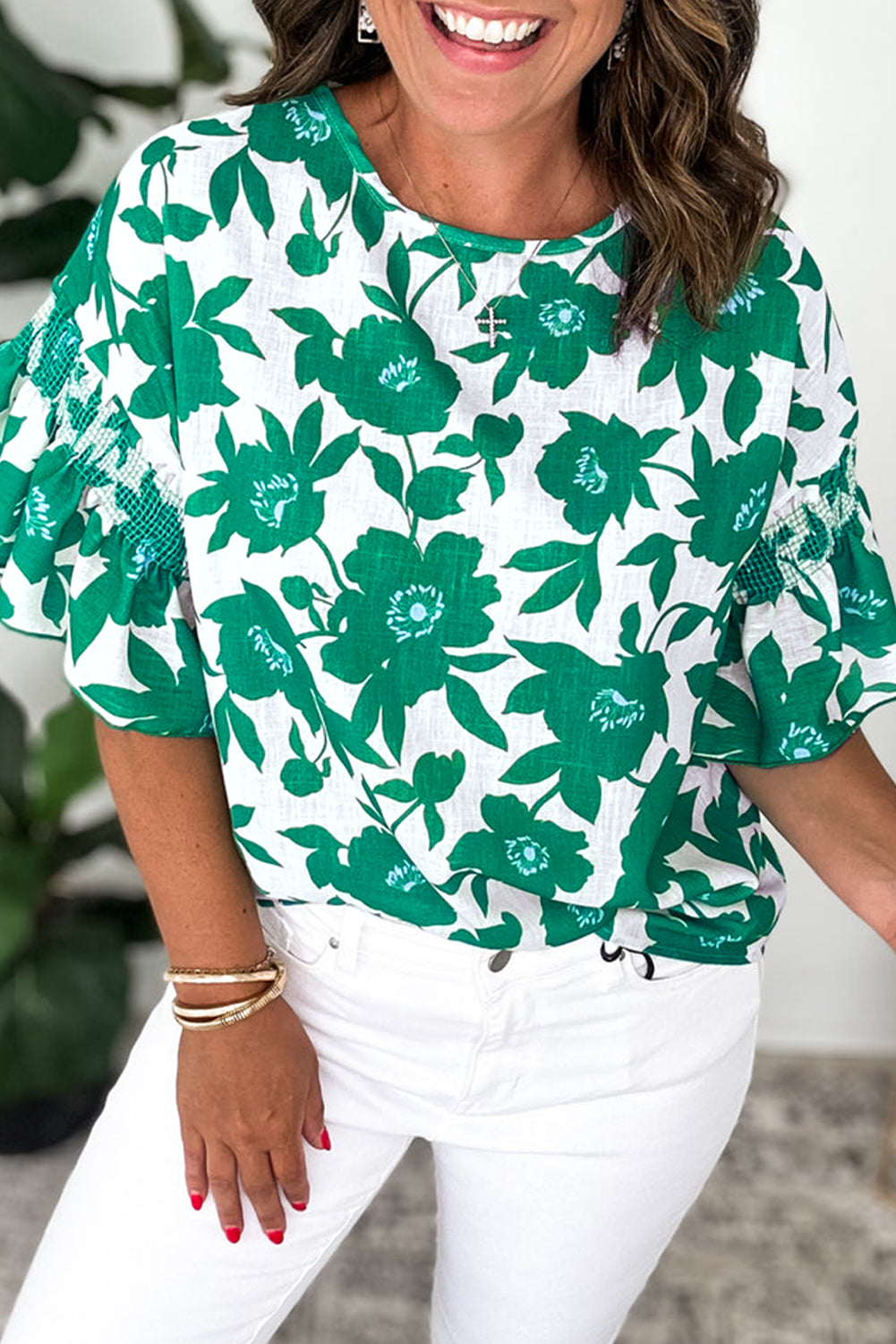 Green Floral Printed Ruffled Short Sleeve Round Neck Loose Blouse