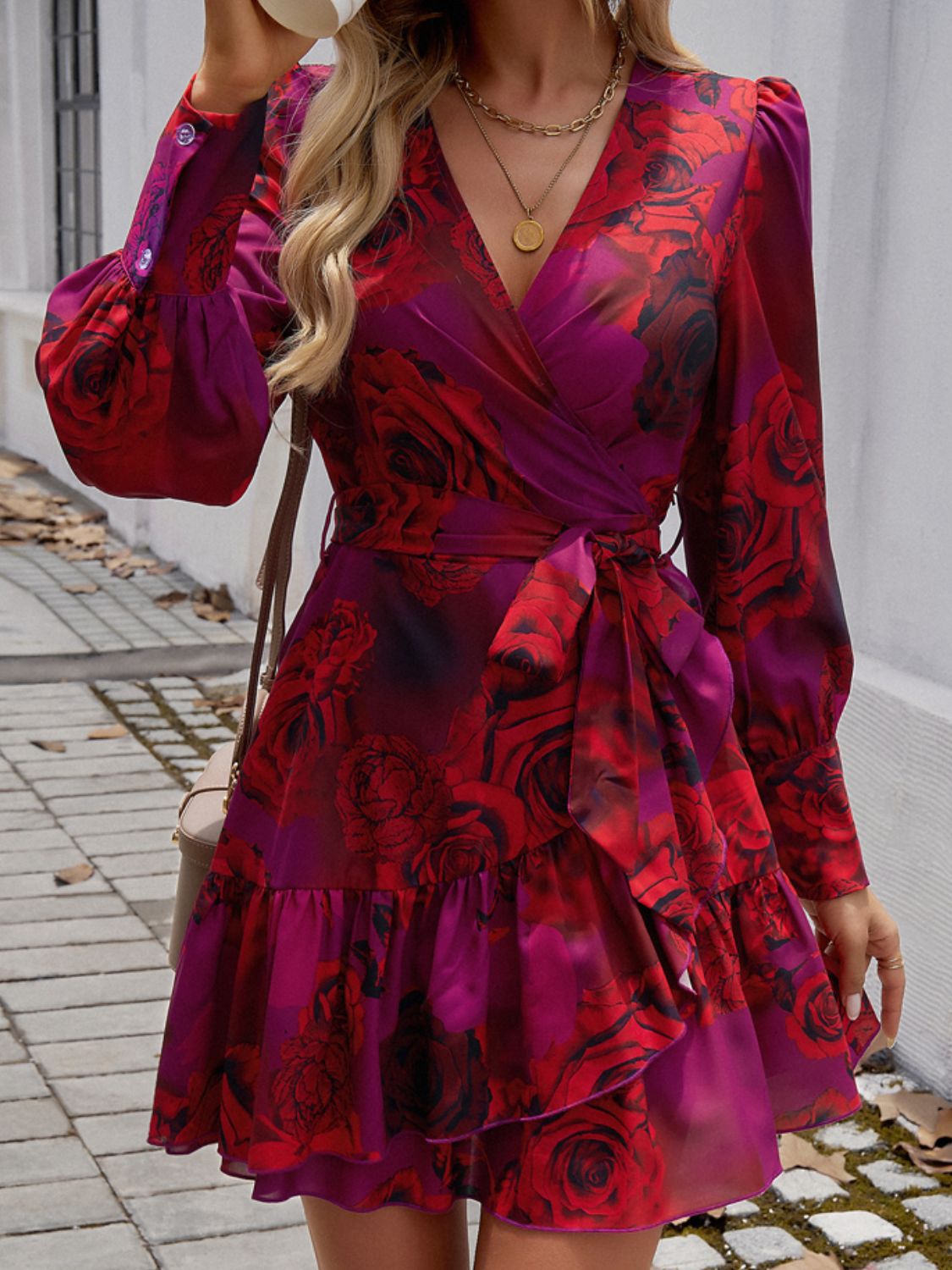 Blue Zone Planet | Devine Ruffled Printed Surplice Long Sleeve Mini Dress-TOPS / DRESSES-[Adult]-[Female]-Scarlet-S-2022 Online Blue Zone Planet