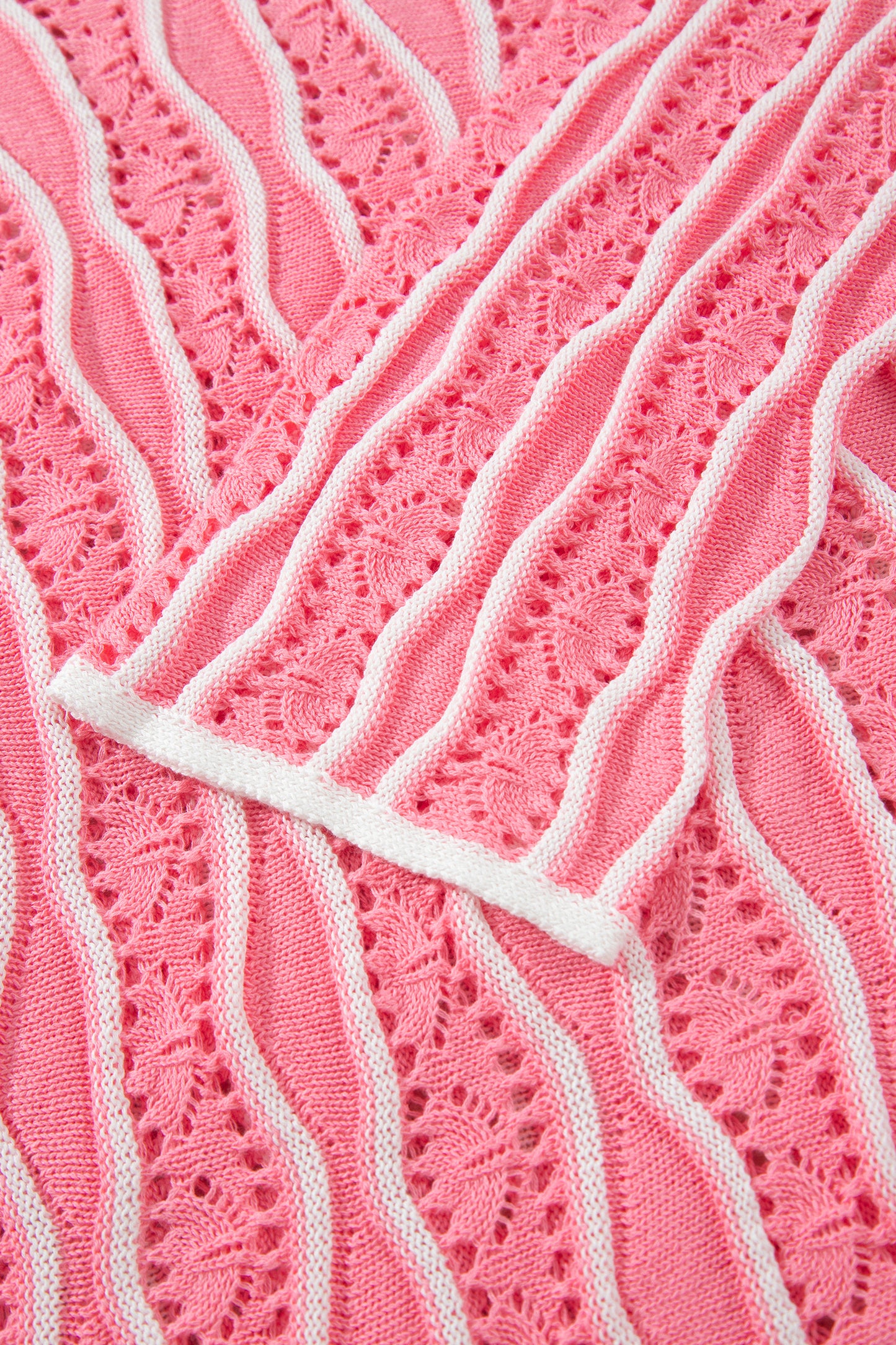 Pink Wavy Detail Hollow Out Knit Long Sleeve Cotton Pullover Sweater-Sweaters & Cardigans/Sweaters-[Adult]-[Female]-2022 Online Blue Zone Planet