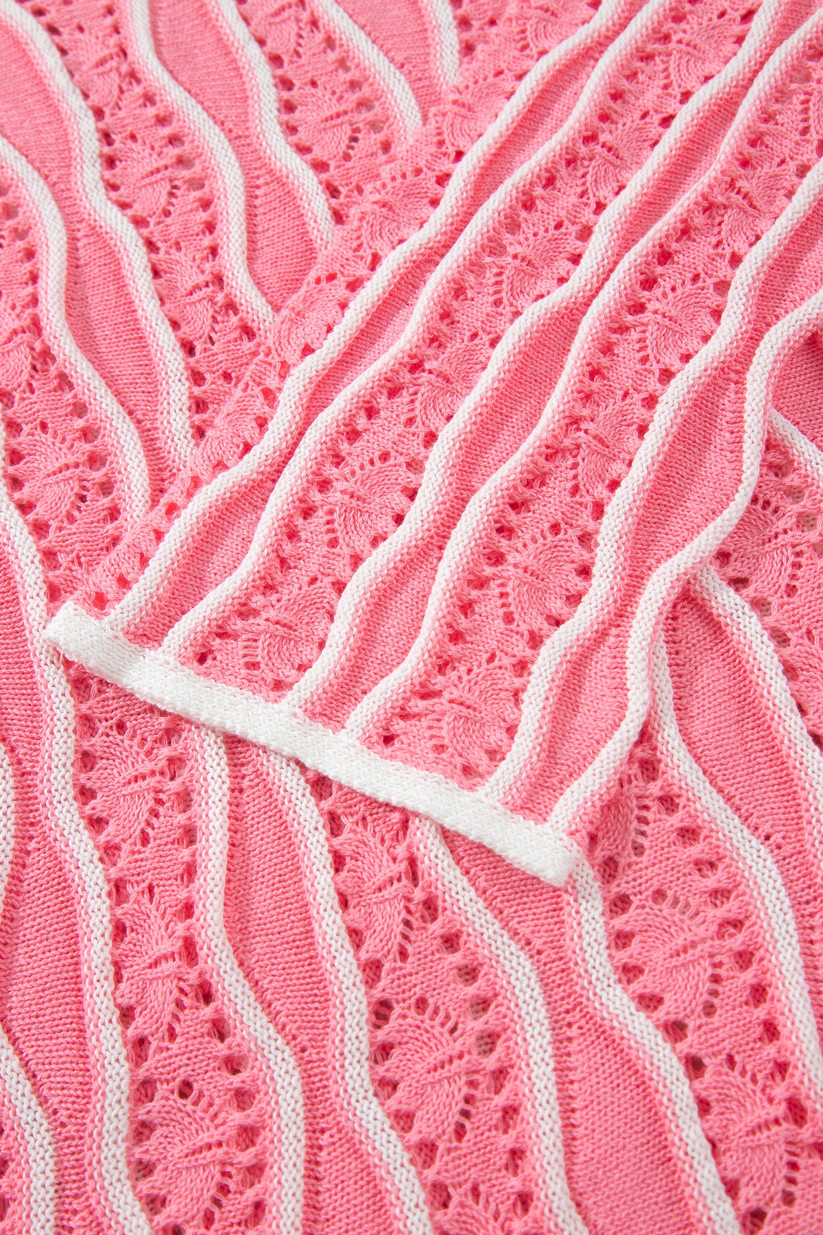 Pink Wavy Detail Hollow Out Knit Long Sleeve Cotton Pullover Sweater-Sweaters & Cardigans/Sweaters-[Adult]-[Female]-2022 Online Blue Zone Planet
