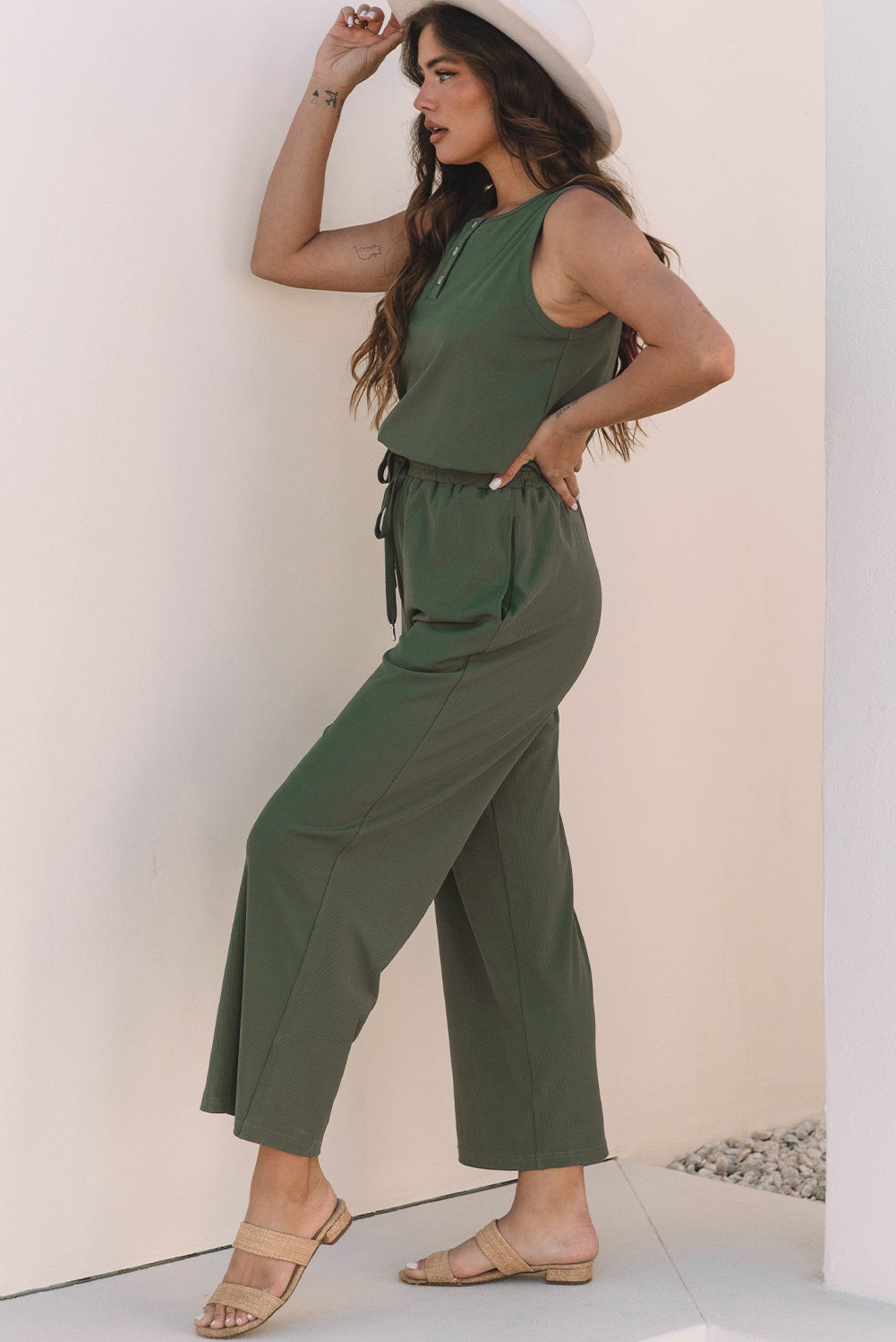 Vineyard Green Buttoned Drawstring Waist Sleeveless Wide Leg Jumpsuit-Bottoms/Jumpsuits & Rompers-[Adult]-[Female]-2022 Online Blue Zone Planet