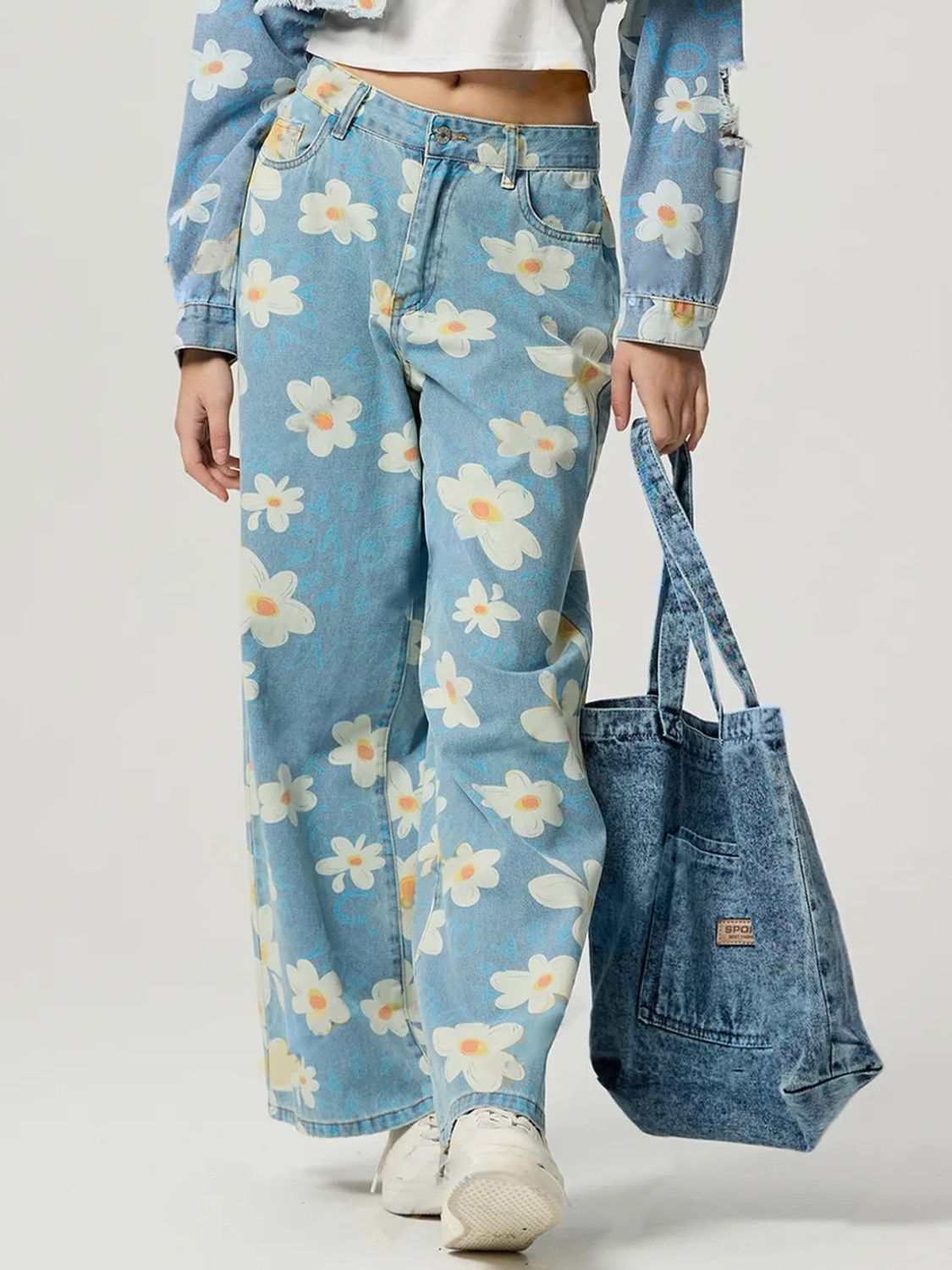 Blue Zone Planet | Pocketed Floral Wide Leg Jeans-BOTTOMS SIZES SMALL MEDIUM LARGE-[Adult]-[Female]-2022 Online Blue Zone Planet