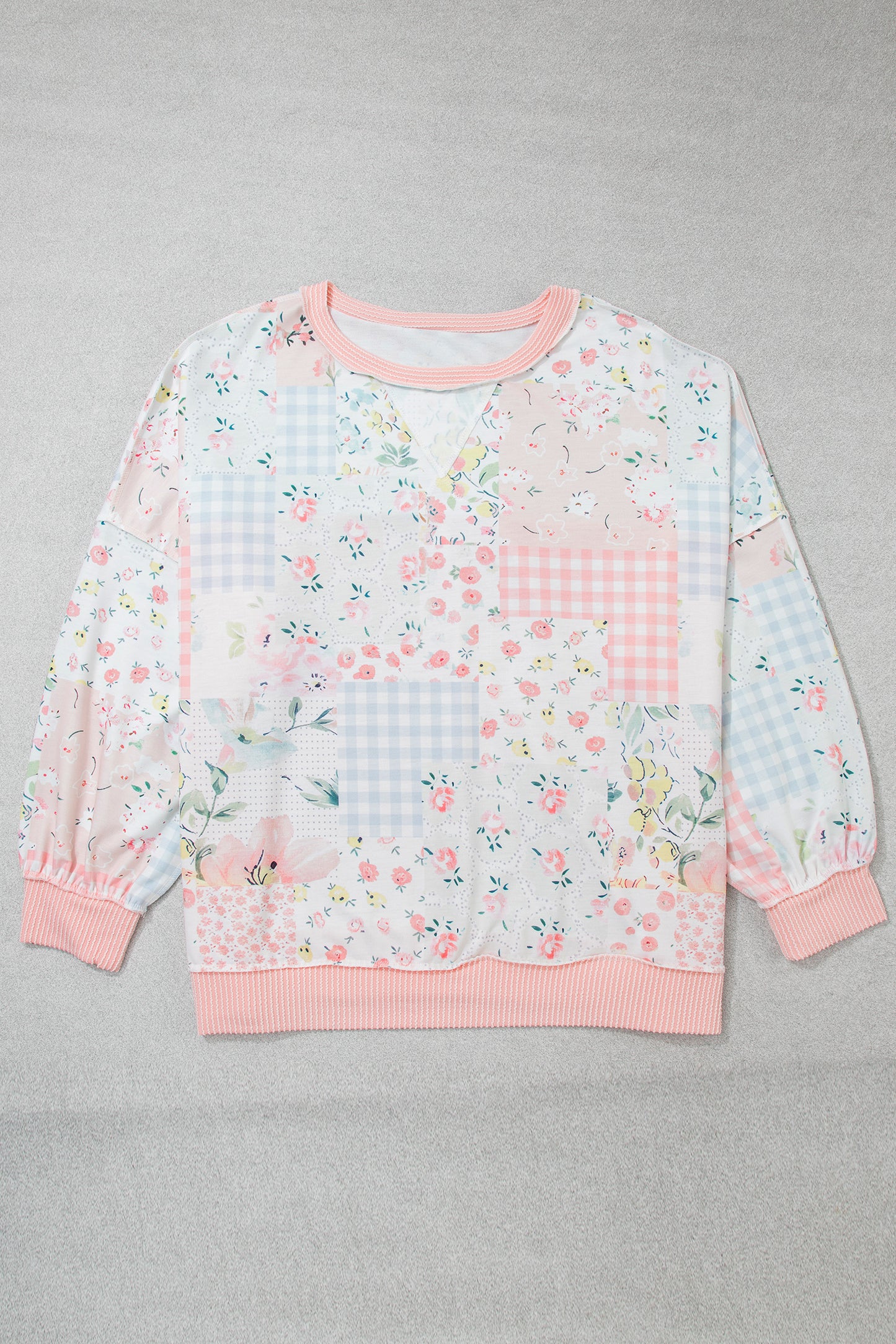 Pink Patchwork Floral Print Long Sleeve Tunic Plus Size Blouse-Plus Size/Plus Size Tops/Plus Size Long Sleeve Tops-[Adult]-[Female]-2022 Online Blue Zone Planet