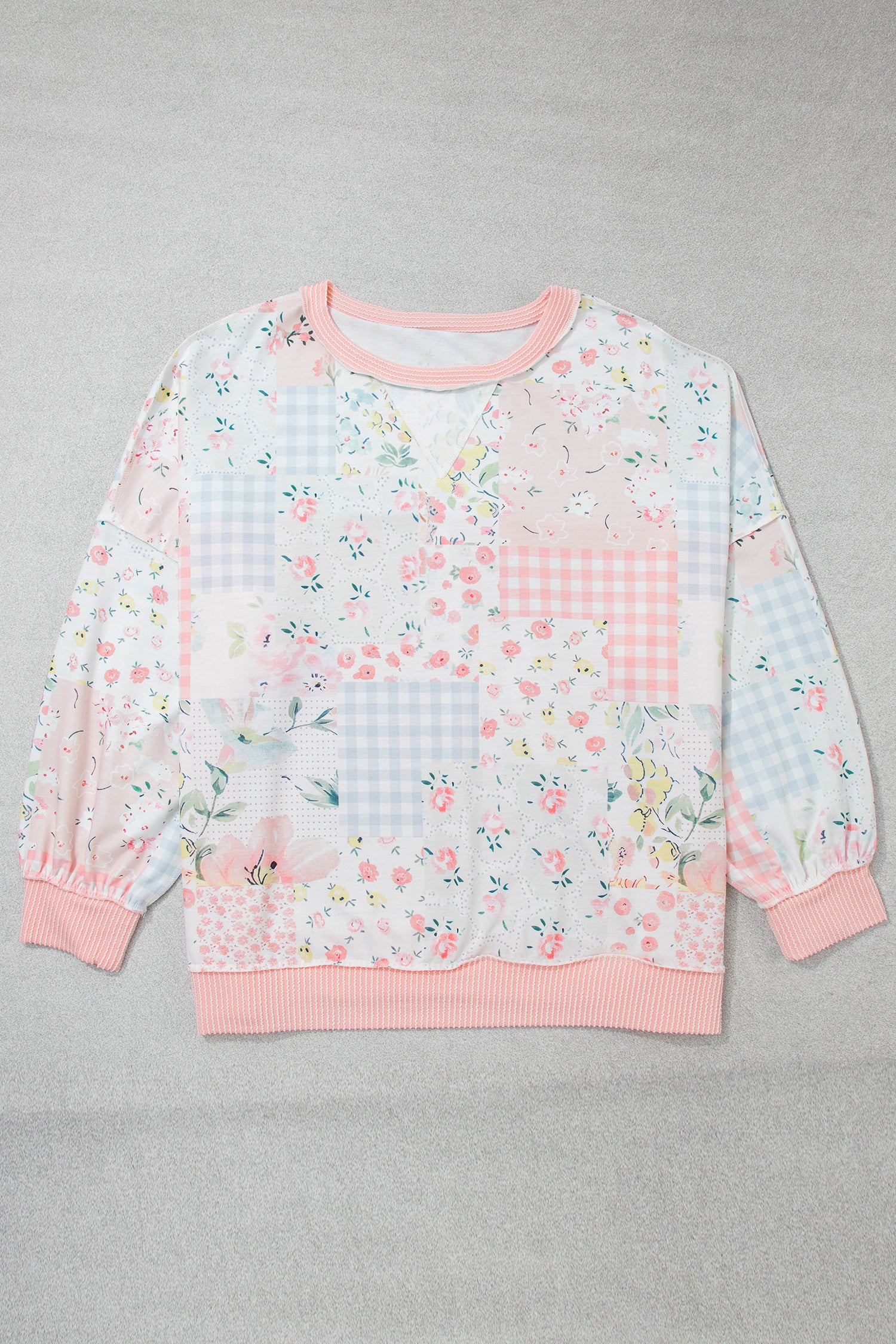 Pink Patchwork Floral Print Long Sleeve Tunic Plus Size Blouse-Plus Size/Plus Size Tops/Plus Size Long Sleeve Tops-[Adult]-[Female]-2022 Online Blue Zone Planet