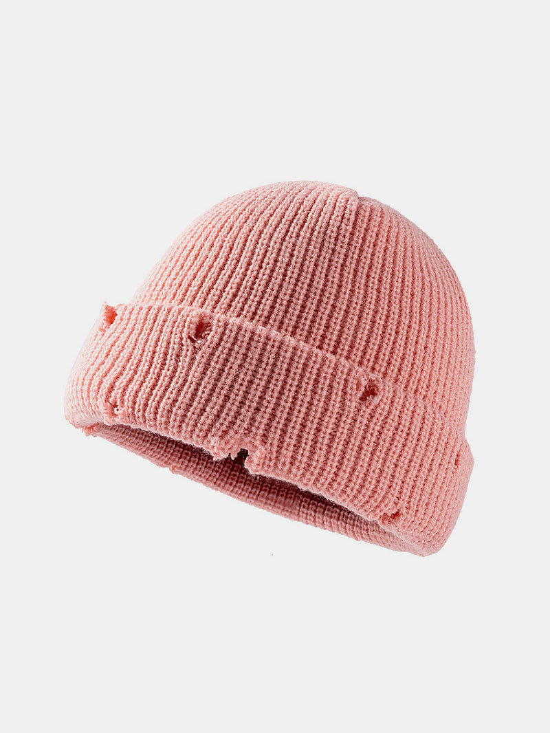 Distressed Cuffed Knit Hat-BEANIES-[Adult]-[Female]-Pink-One Size-2022 Online Blue Zone Planet