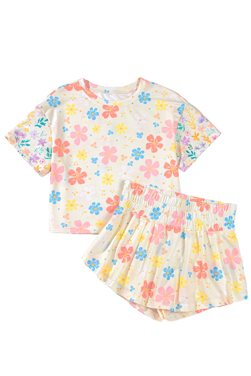 Apricot Floral Print Crop Top Wide Leg Short Set-Two Piece Sets/Short Sets-[Adult]-[Female]-2022 Online Blue Zone Planet