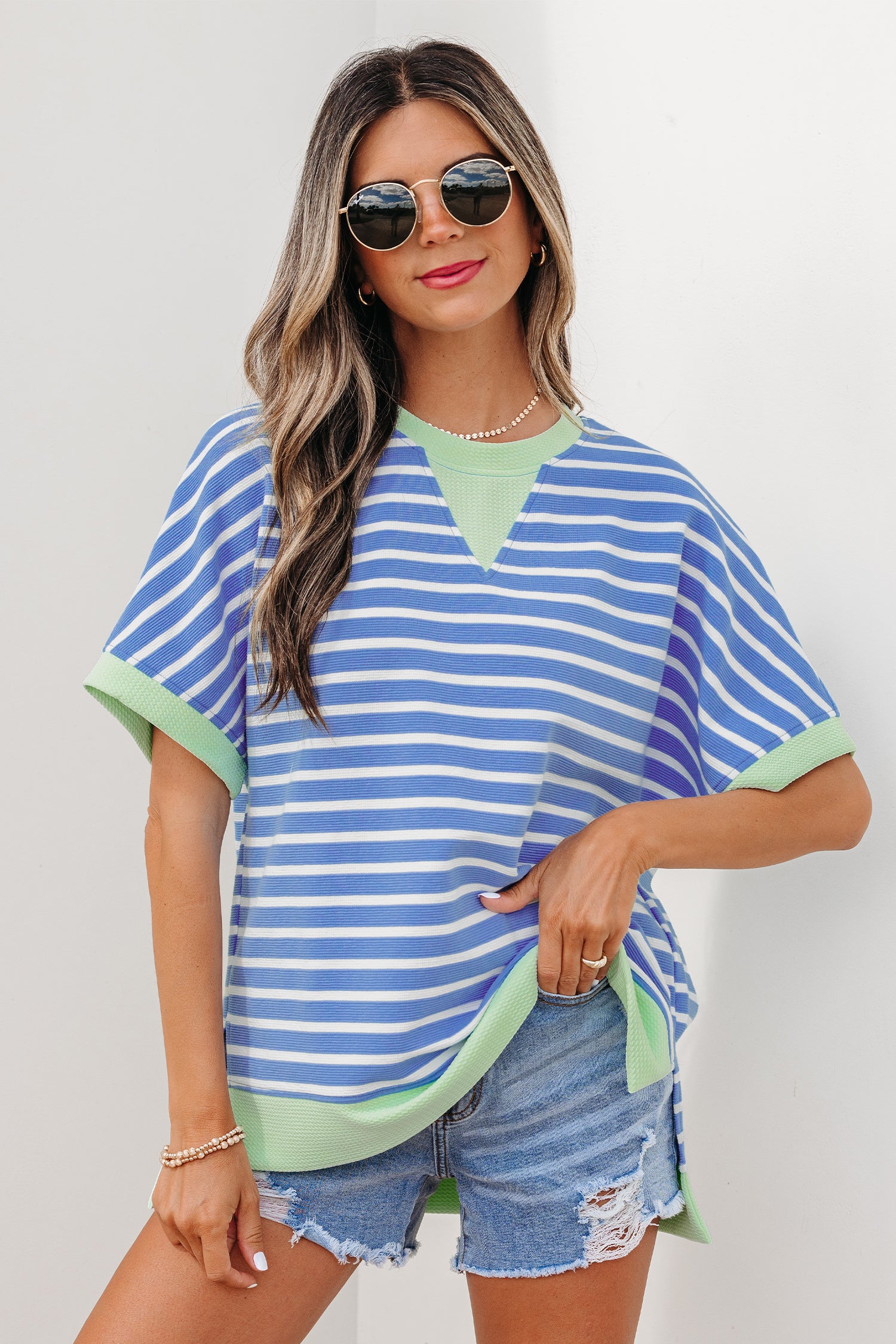 Pink Stripe Contrast Trim Loose Short Sleeve Top-Tops/Tops & Tees-[Adult]-[Female]-2022 Online Blue Zone Planet