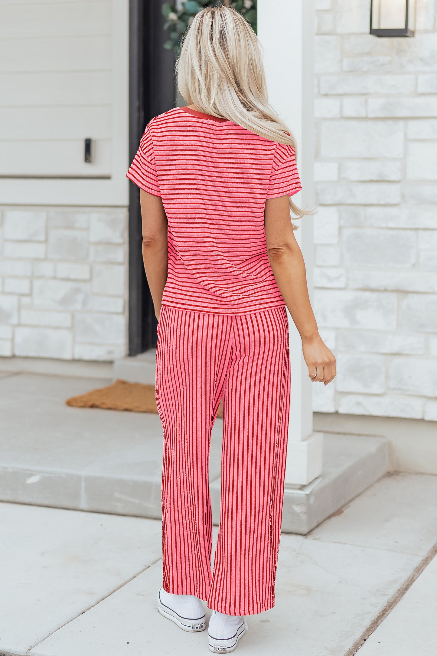 Sky Blue Stripe Crew Neck Tee Drawstring Waist Cropped Pants Set-Two Piece Sets/Pant Sets-[Adult]-[Female]-2022 Online Blue Zone Planet