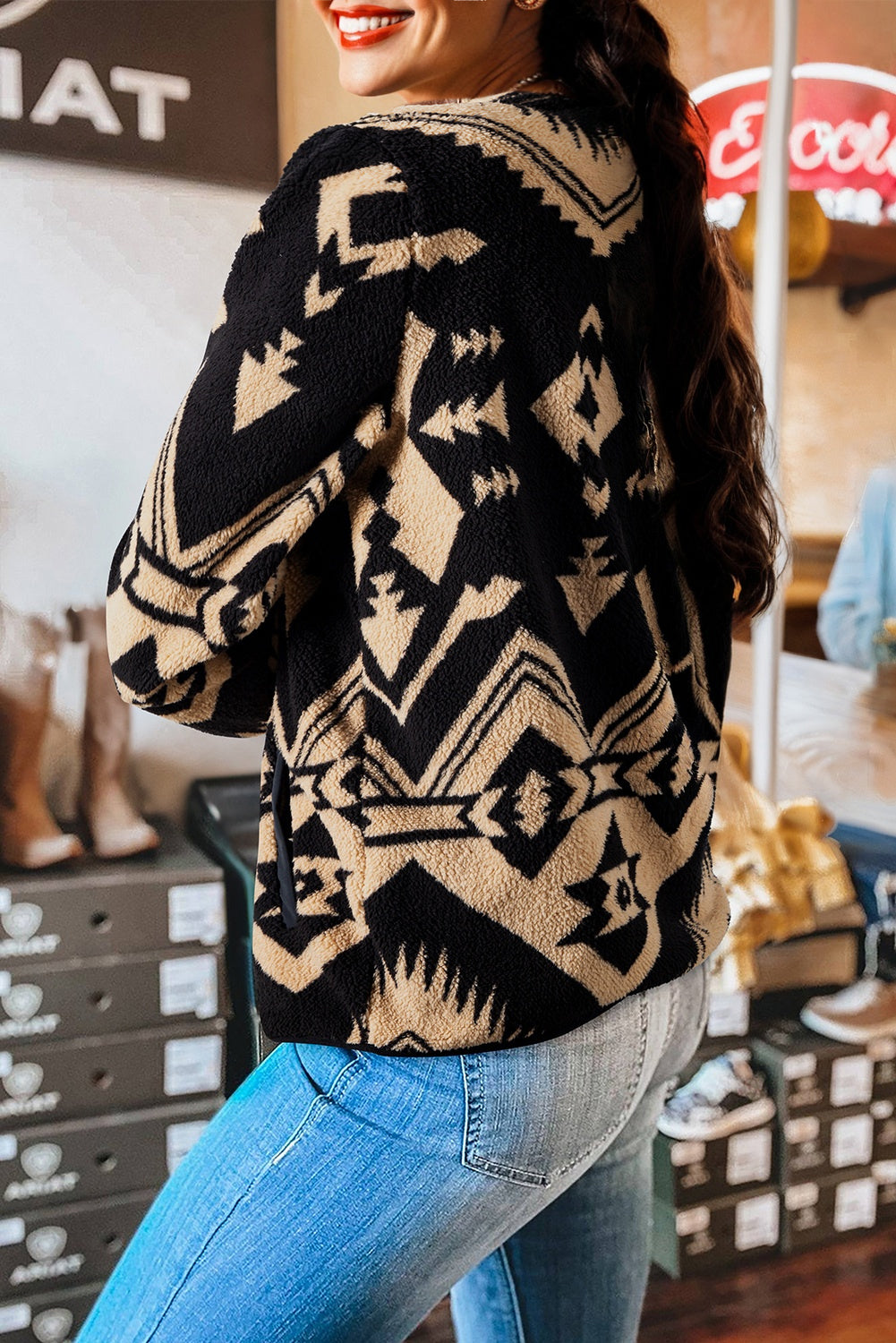 Black Western Aztec Half Zip Plush Sweatshirt-Tops/Sweatshirts & Hoodies-[Adult]-[Female]-2022 Online Blue Zone Planet
