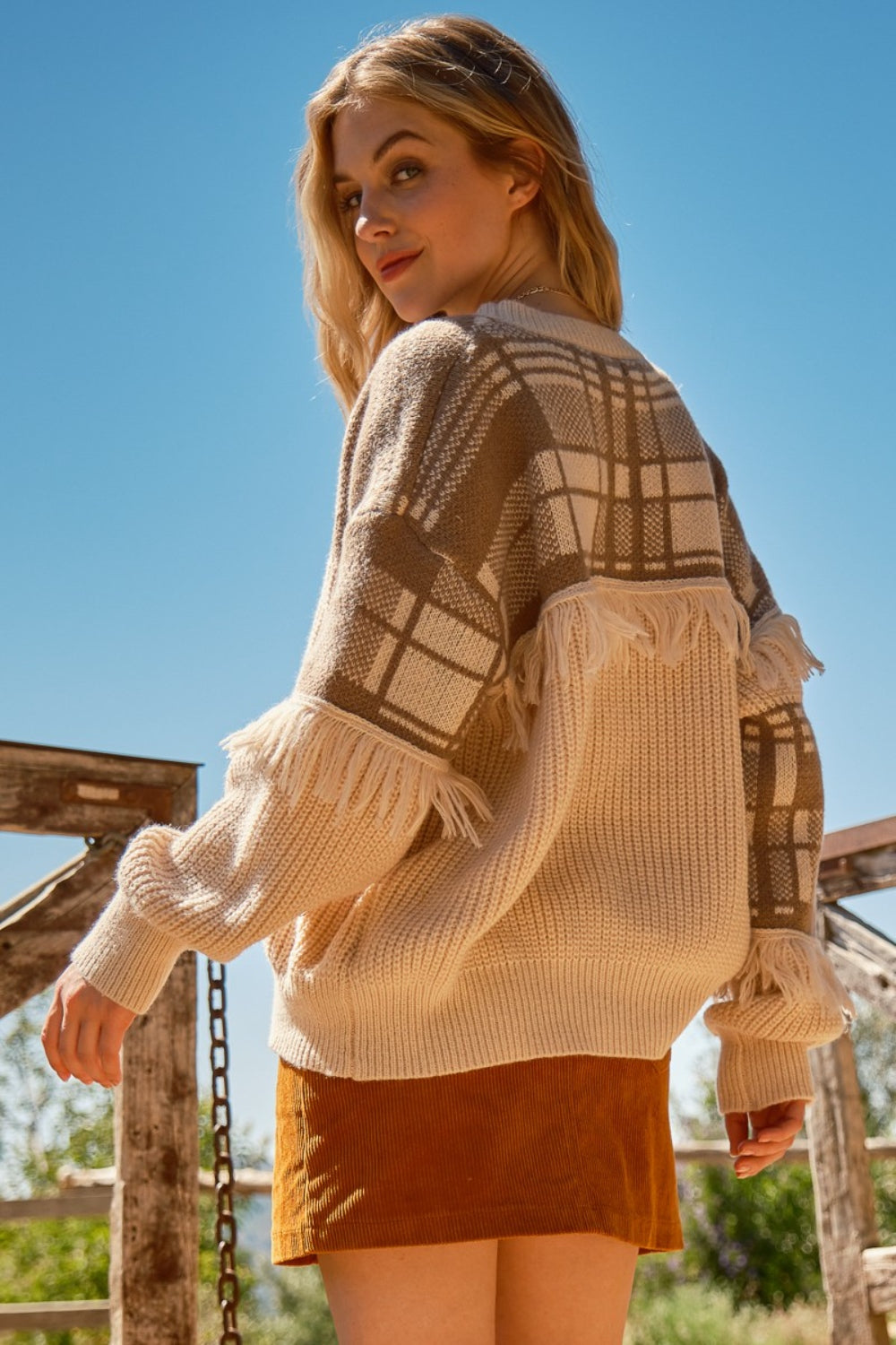 Blue Zone Planet | And The Why Plaid Pattern Color Block Fringe Sweater-TOPS / DRESSES-[Adult]-[Female]-2022 Online Blue Zone Planet