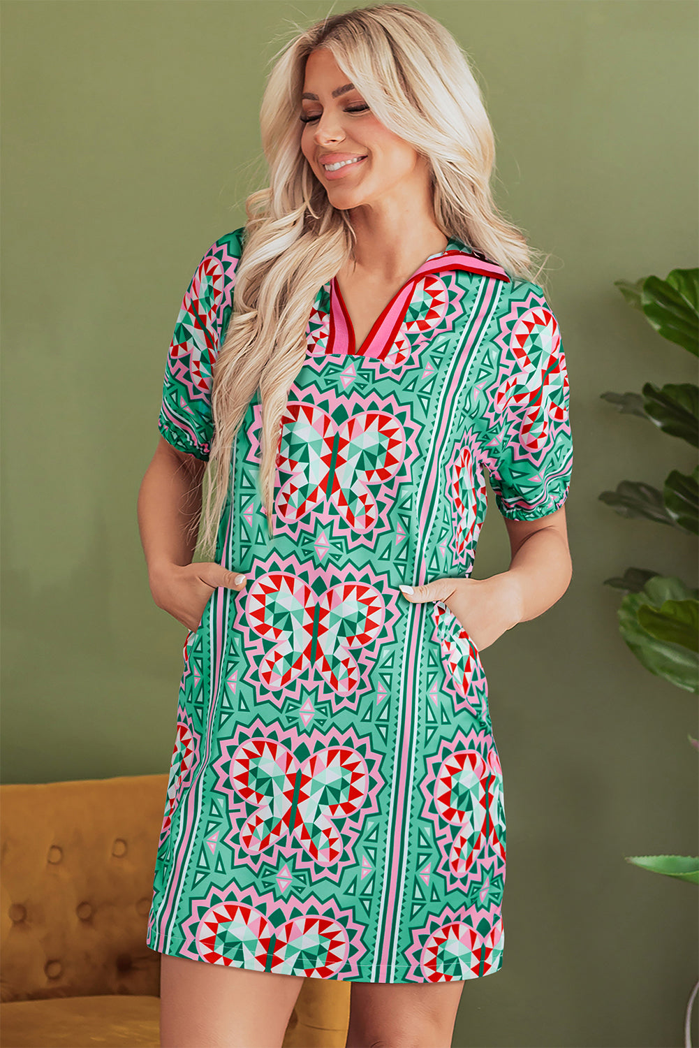 Mint Green Geometric Butterfly Print Split Neck Short Sleeve Dress-TOPS / DRESSES-[Adult]-[Female]-2022 Online Blue Zone Planet