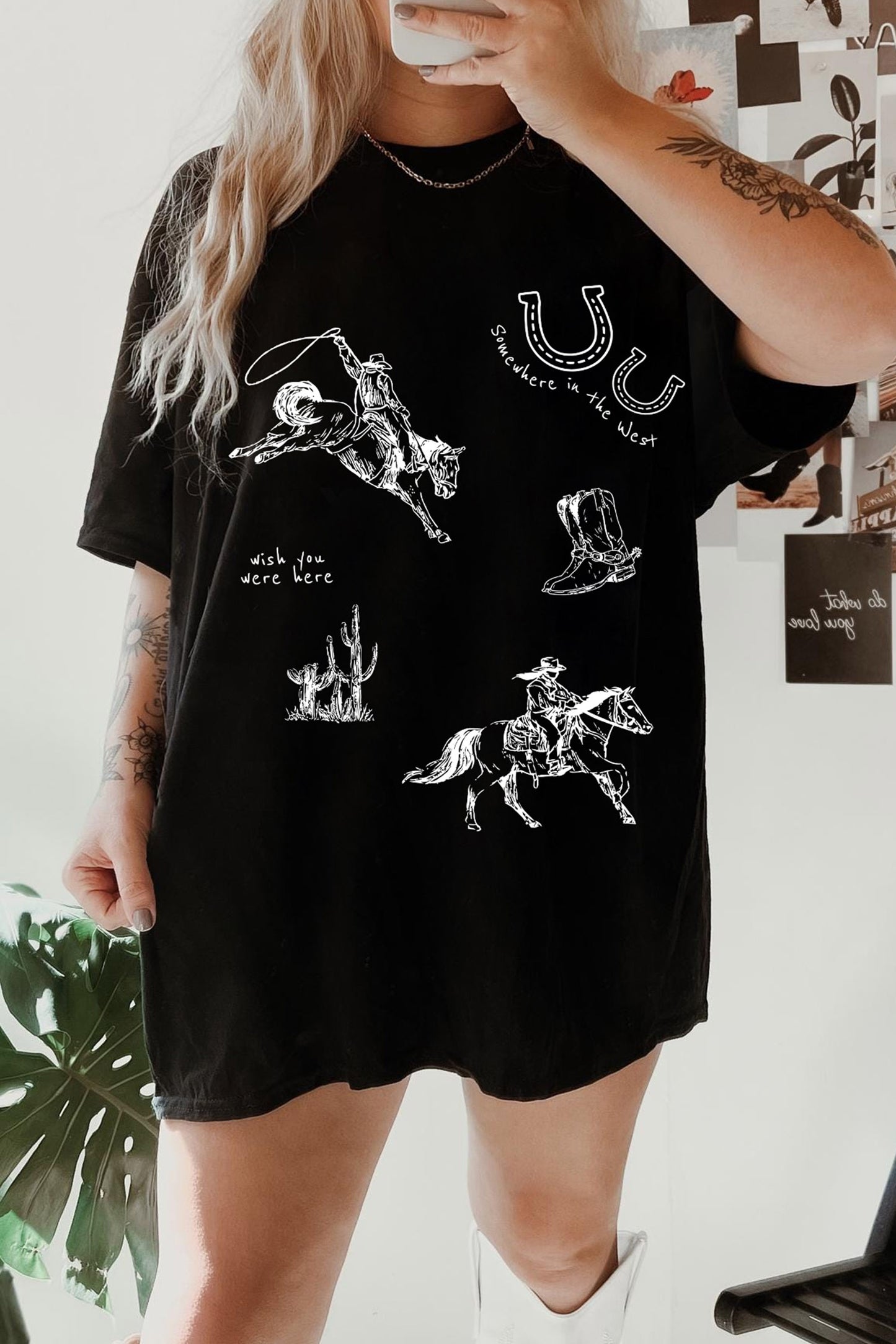 Black Western Cowboy Print Oversized Tunic Tee