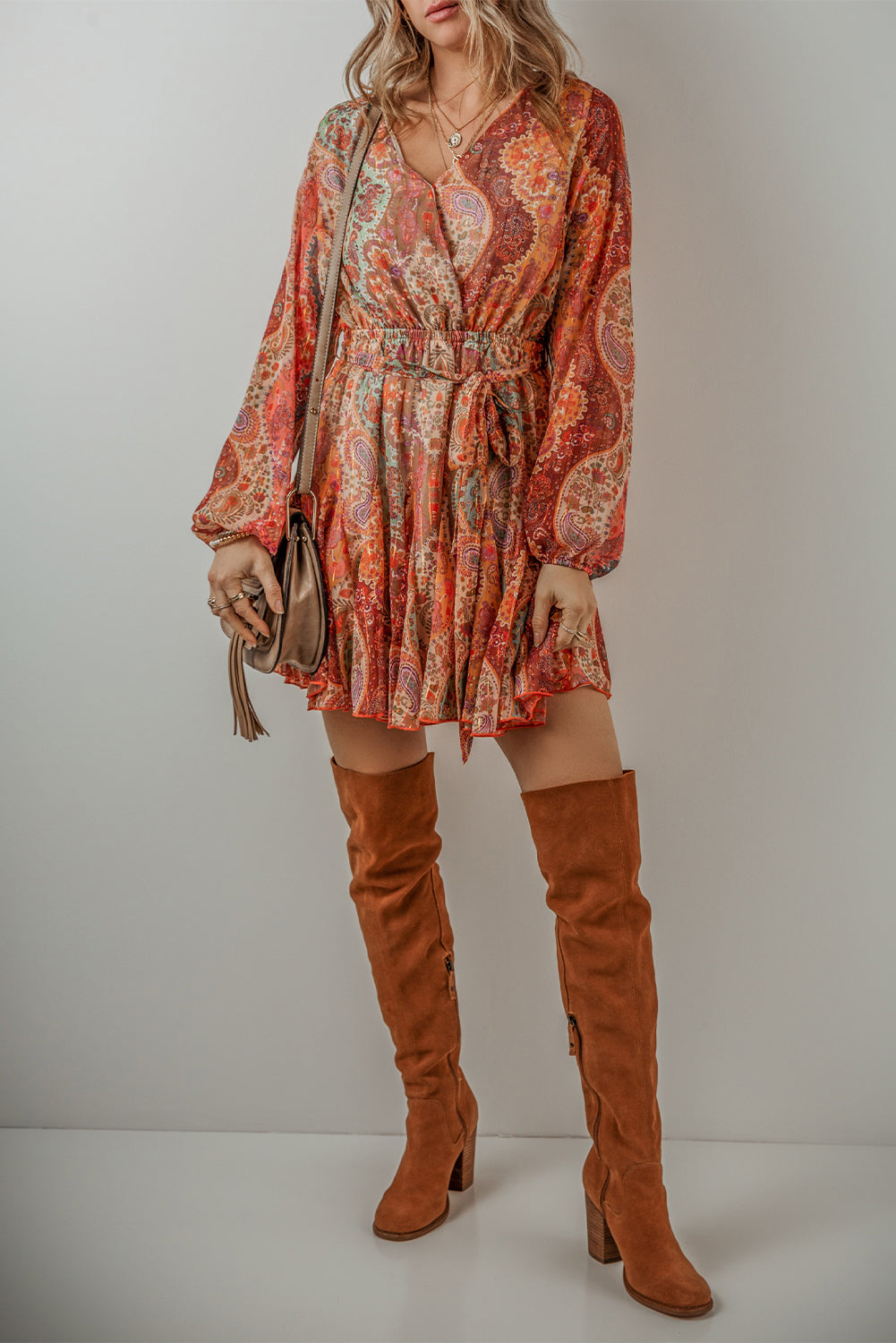 Blue Zone Planet | Orange Boho Paisley Print Long Sleeve Pleated Belted Mini Dress-TOPS / DRESSES-[Adult]-[Female]-2022 Online Blue Zone Planet