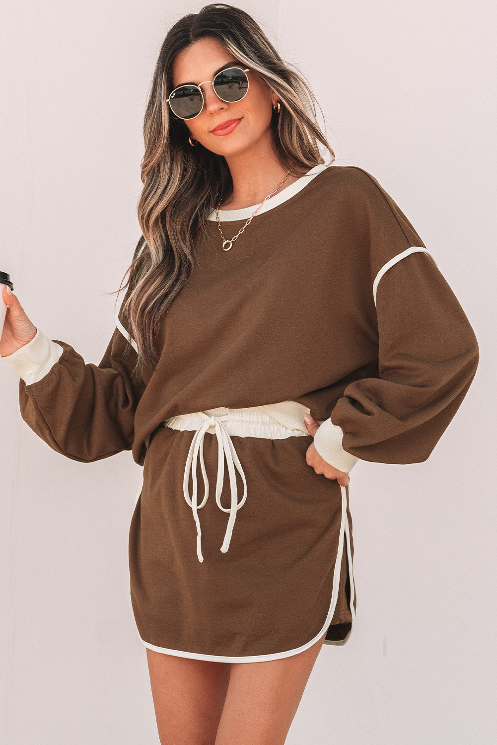 Blue Zone Planet | Rose Red Color Contrast Loose Pullover And Lace-Up Waist Skort Set-Two Piece Sets/Two Piece Dresses-[Adult]-[Female]-2022 Online Blue Zone Planet
