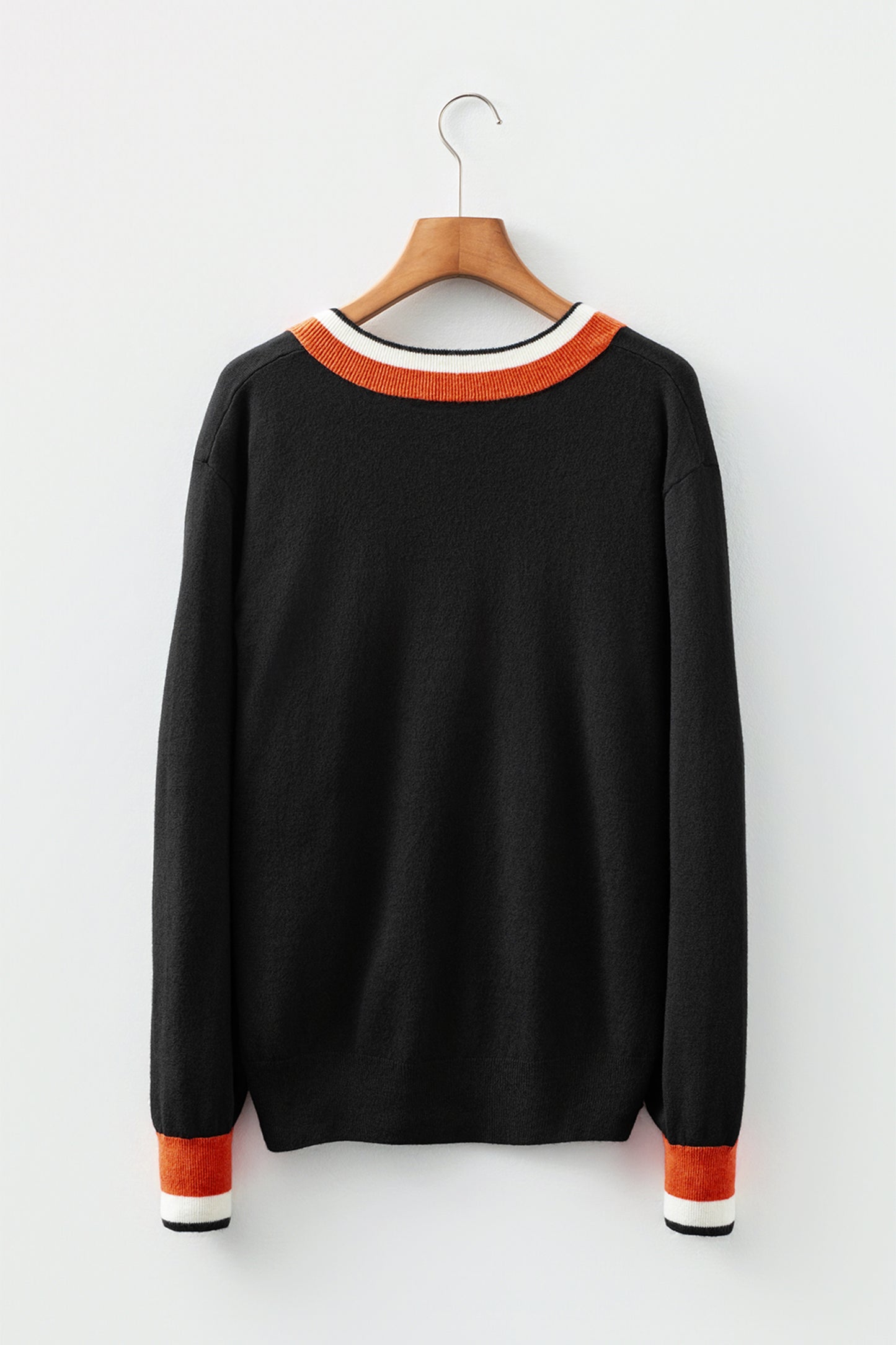 Black Contrast Striped Trim V Neck Varsity Sweater-TOPS / DRESSES-[Adult]-[Female]-2022 Online Blue Zone Planet