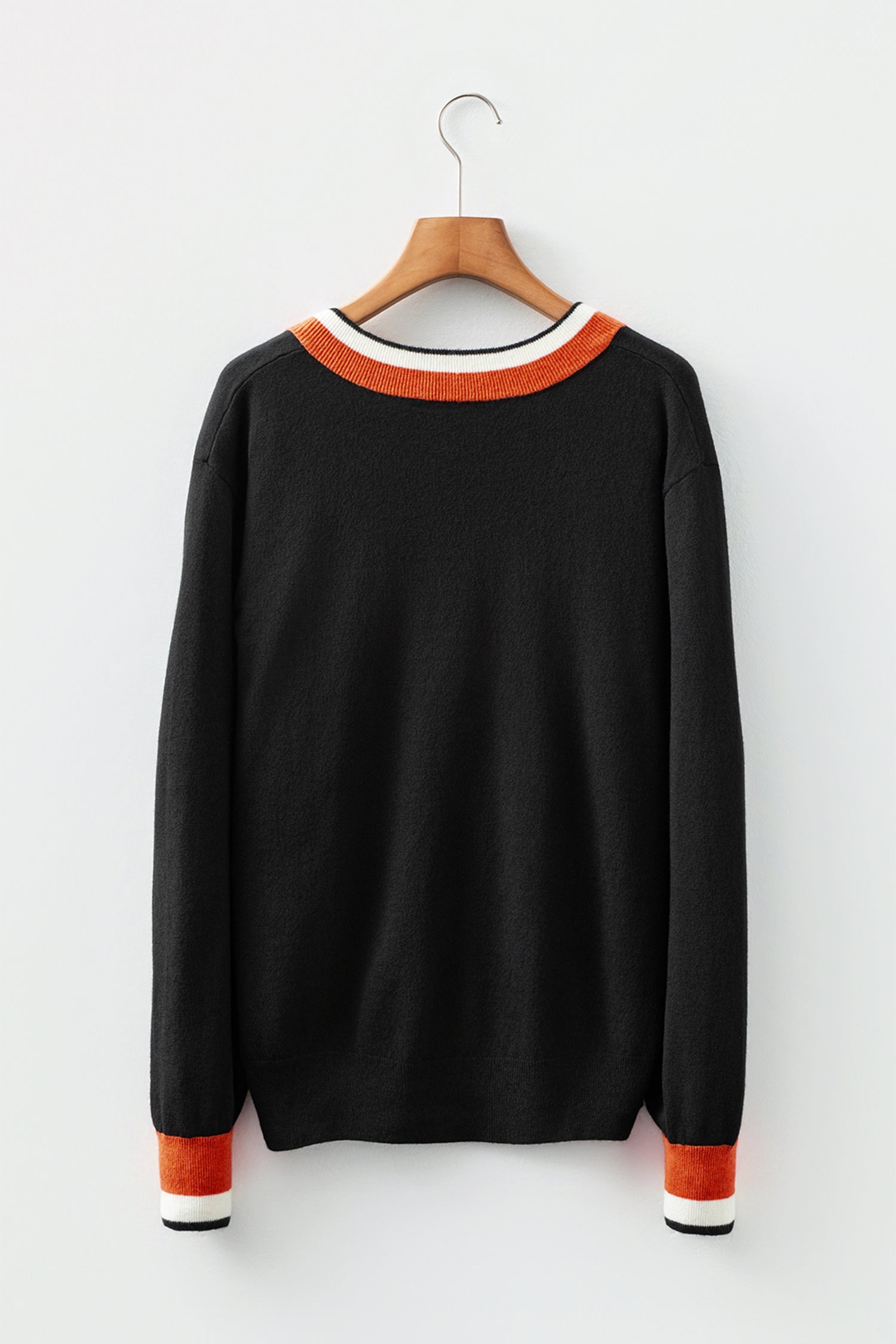 Black Contrast Striped Trim V Neck Varsity Sweater-TOPS / DRESSES-[Adult]-[Female]-2022 Online Blue Zone Planet