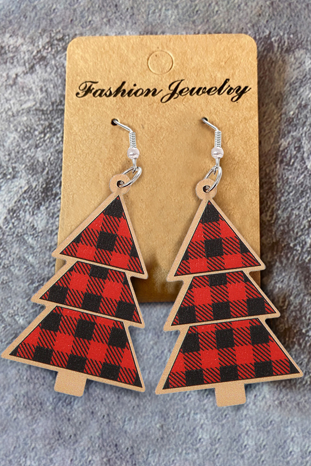 Red Plaid Christmas Tree Wooden Pendant Earrings-Accessories/Jewelry-[Adult]-[Female]-2022 Online Blue Zone Planet