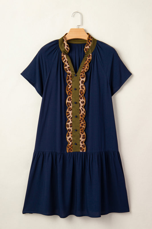 Navy Blue Button Detail Leopard Metallic Trim Short Sleeve Tunic Dress-Dresses/Mini Dresses-[Adult]-[Female]-2022 Online Blue Zone Planet