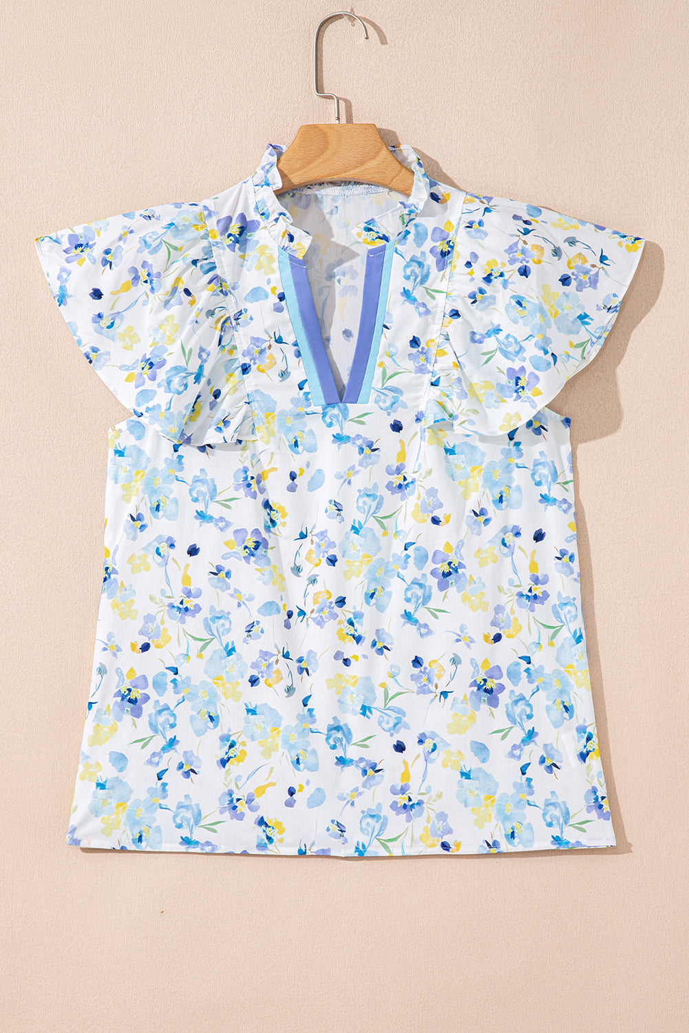 Sky Blue Floral Print Frilled Notched V Neck Blouse-Tops/Blouses & Shirts-[Adult]-[Female]-2022 Online Blue Zone Planet