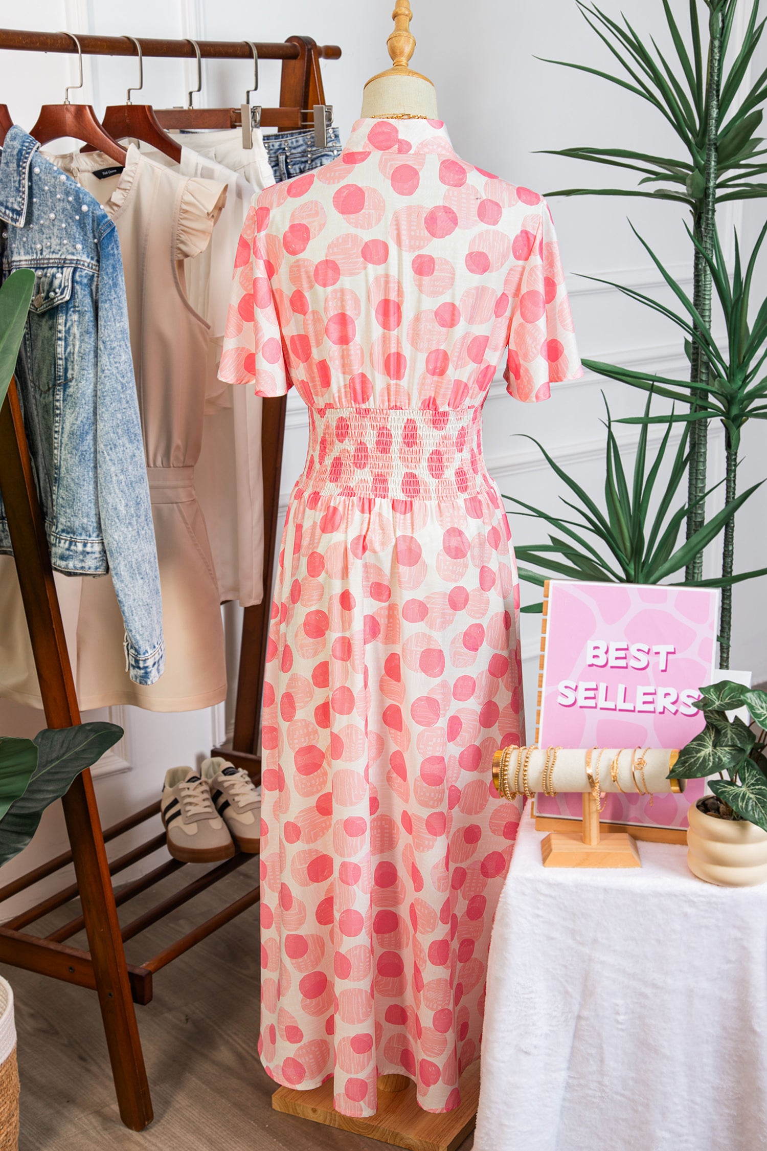 Pink Polka Dot Printed Ruffle Short Sleeve Zip Up Long Dress-TOPS / DRESSES-[Adult]-[Female]-2022 Online Blue Zone Planet
