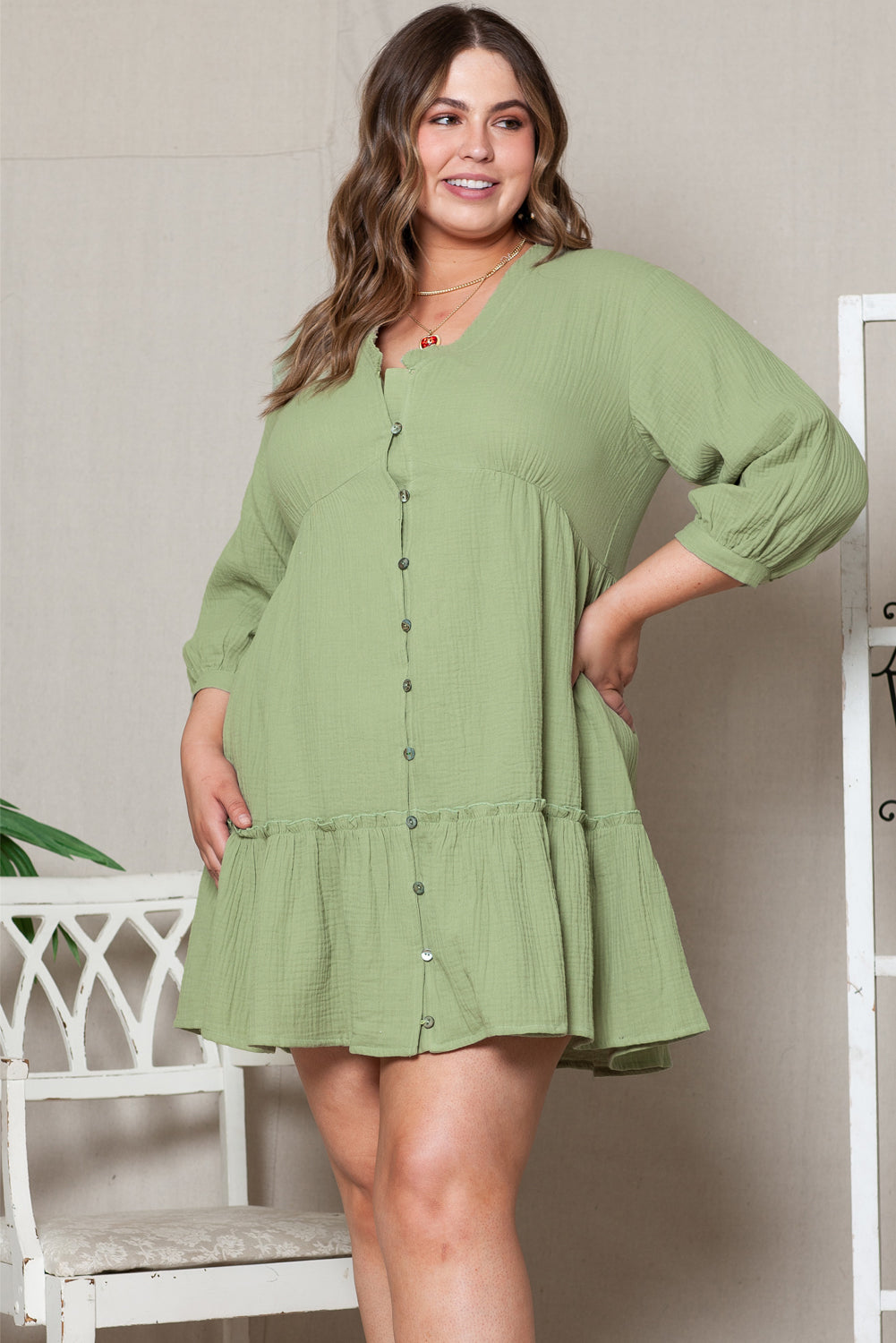 Blue Zone Planet | Green Textured Ruffled Buttoned V Neck Plus Size Mini Dress-TOPS / DRESSES-[Adult]-[Female]-Green-1X-2022 Online Blue Zone Planet