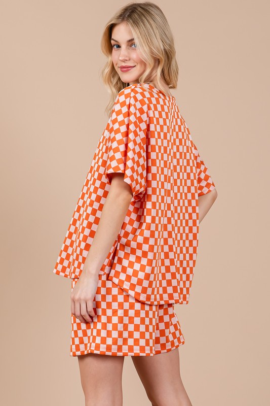 Ces Femme Checkered Round Neck Top and Shorts Set-TOPS / DRESSES-[Adult]-[Female]-2022 Online Blue Zone Planet