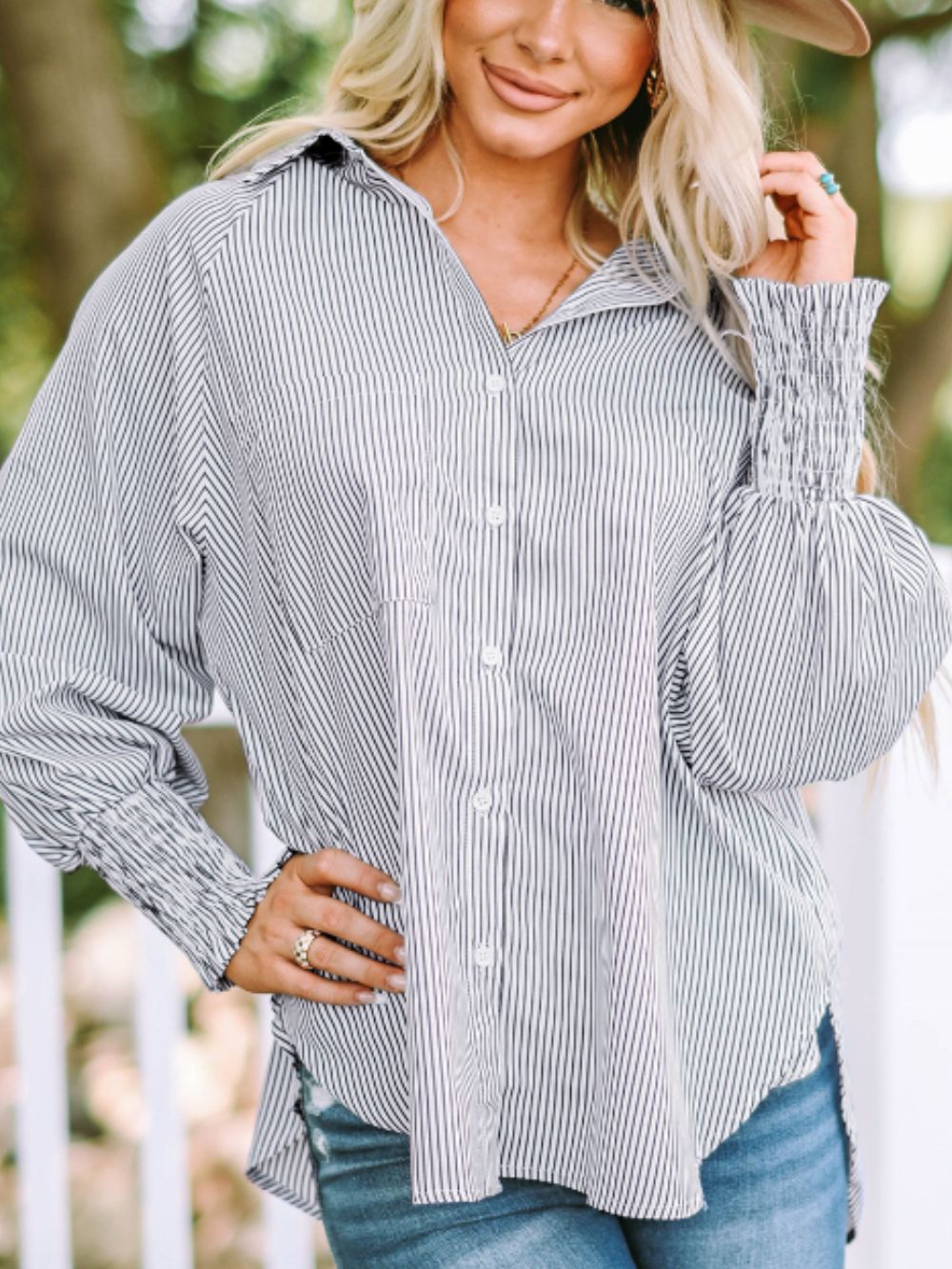 Striped Collared Neck Lantern Sleeve Shirt-TOPS / DRESSES-[Adult]-[Female]-Light Gray-S-2022 Online Blue Zone Planet