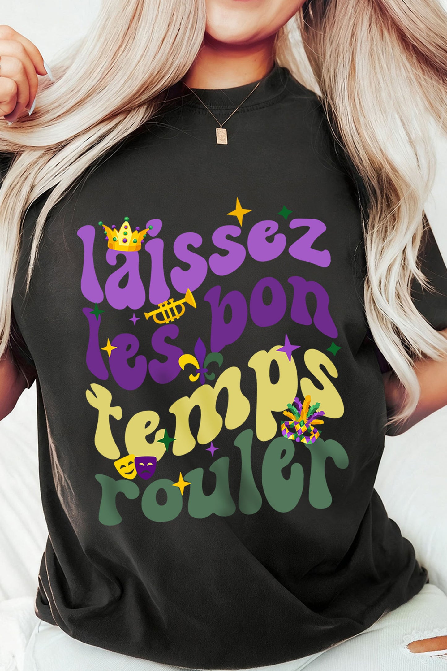 Black Laissez Lesbon Temps Rouler Graphic Mardi Gras Tee-Graphic Tees-[Adult]-[Female]-2022 Online Blue Zone Planet