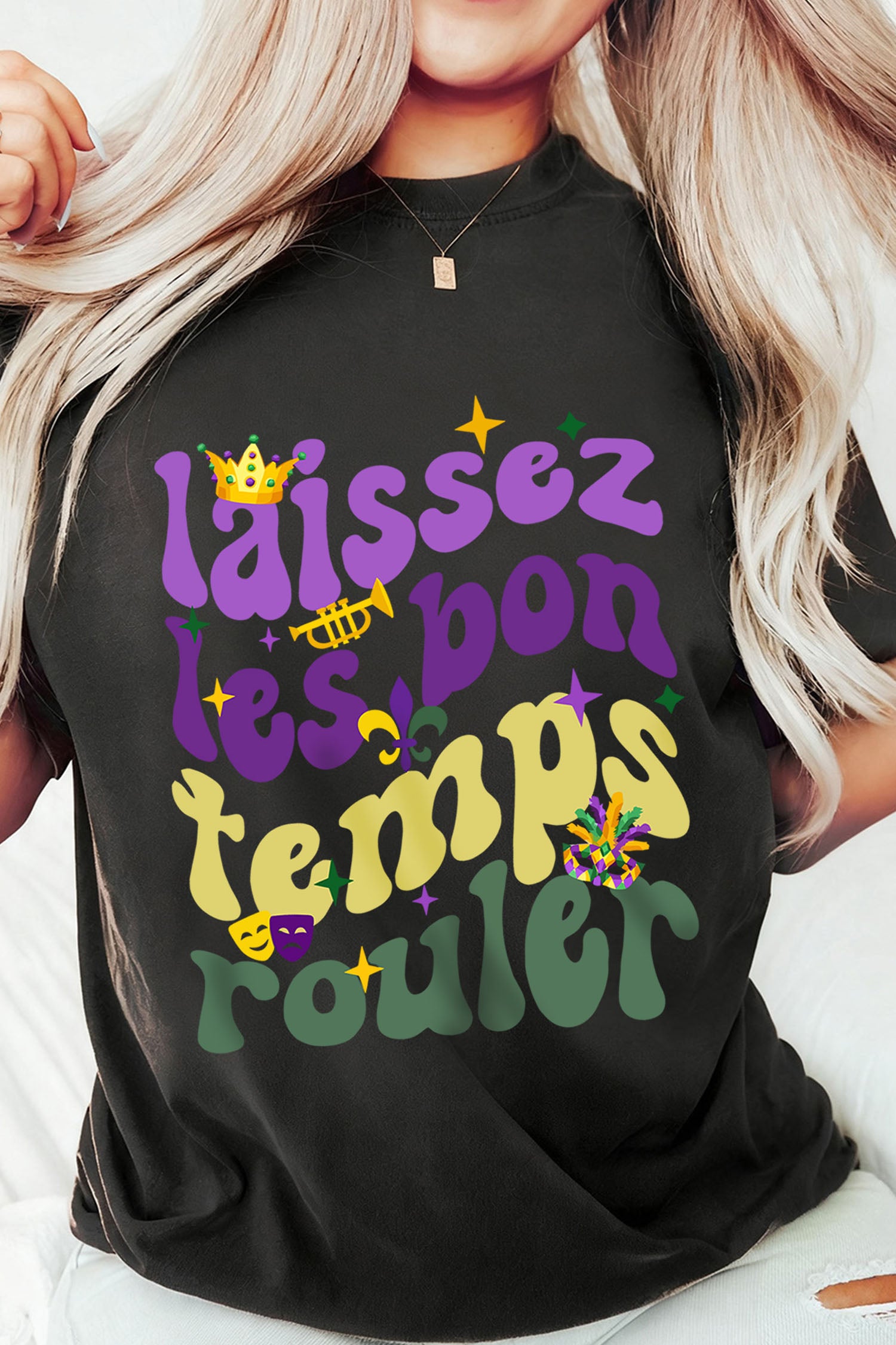 Black Laissez Lesbon Temps Rouler Graphic Mardi Gras Tee-Graphic Tees-[Adult]-[Female]-2022 Online Blue Zone Planet