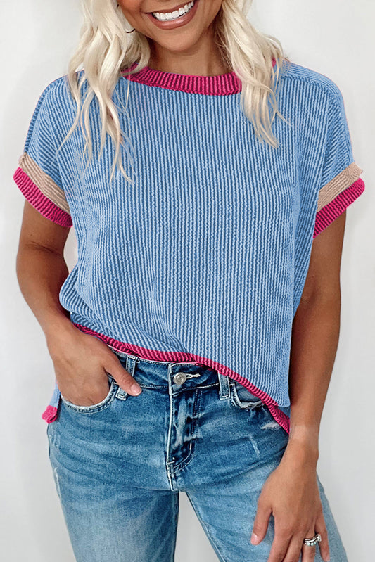 Sky Blue Textured Contrast Trim Round Neck T Shirt-Tops/Tops & Tees-[Adult]-[Female]-Sky Blue-S-2022 Online Blue Zone Planet