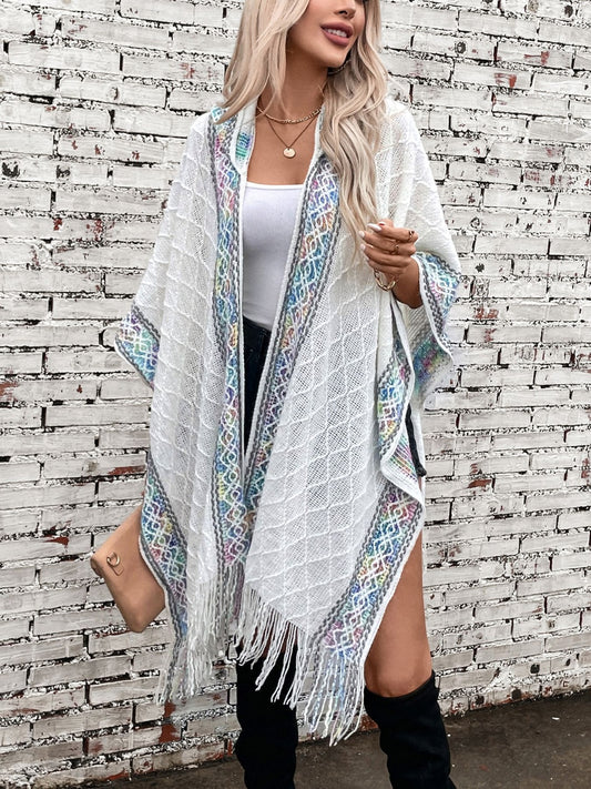 Blue Zone Planet | Fringe Half Sleeve Hooded Poncho-TOPS / DRESSES-[Adult]-[Female]-White-One Size-2022 Online Blue Zone Planet