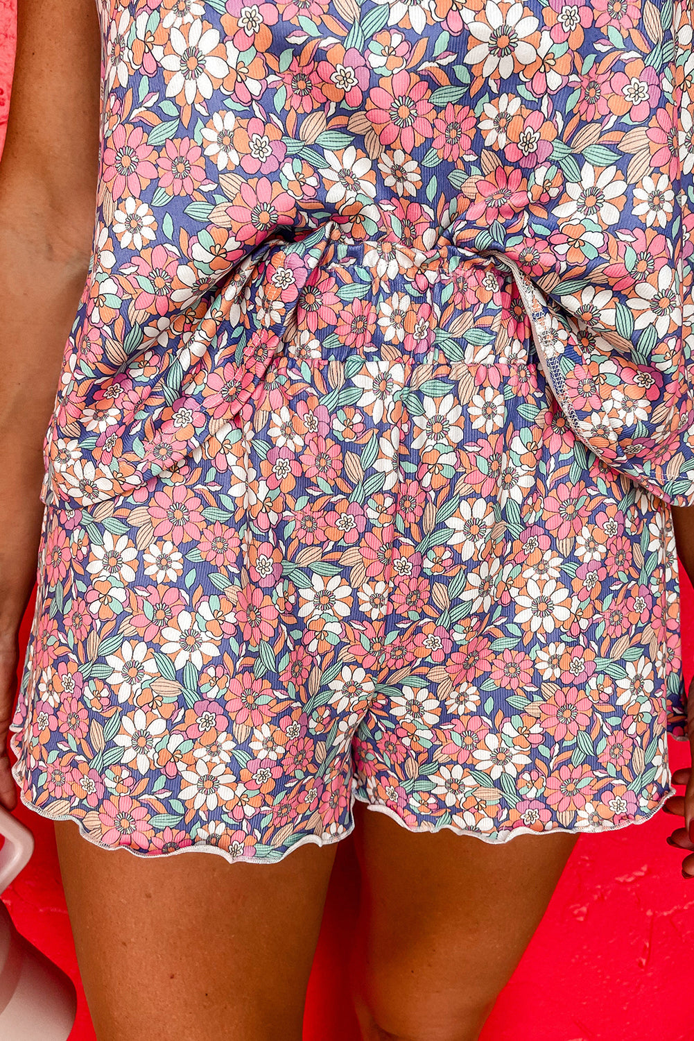 Sky Blue Floral Print Camisole and Shorts Set-Two Piece Shorts Sets-[Adult]-[Female]-2022 Online Blue Zone Planet