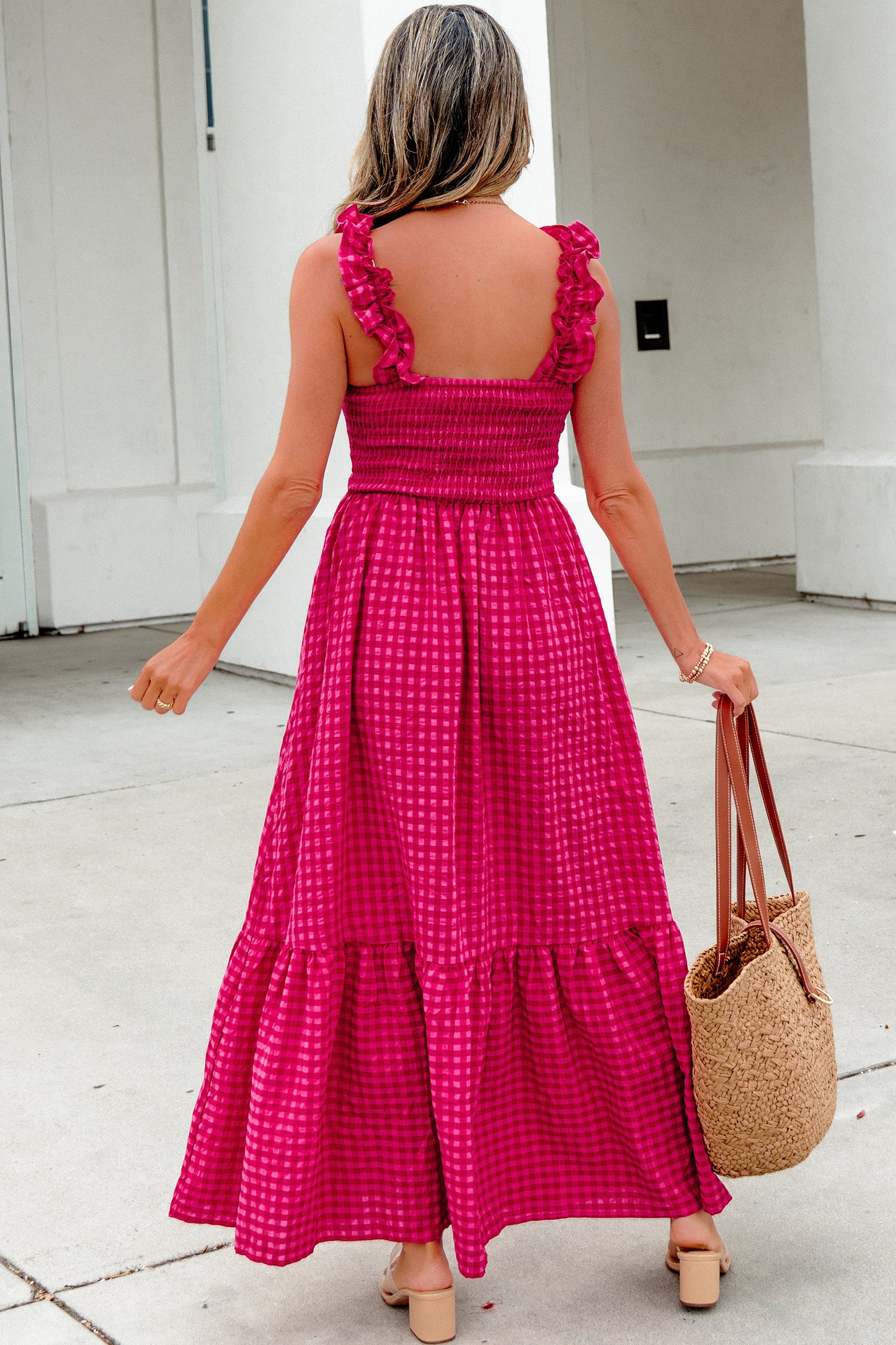 Red Plaid Square Neck Fit-and-flared Vacation Sundress-TOPS / DRESSES-[Adult]-[Female]-2022 Online Blue Zone Planet