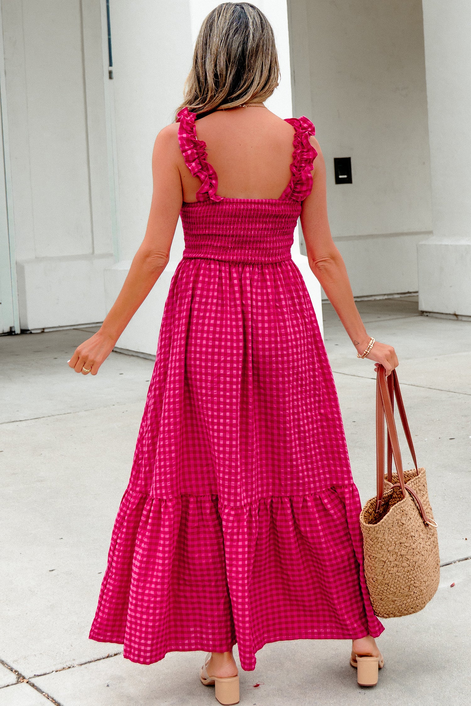 Red Plaid Square Neck Fit-and-flared Vacation Sundress-TOPS / DRESSES-[Adult]-[Female]-2022 Online Blue Zone Planet