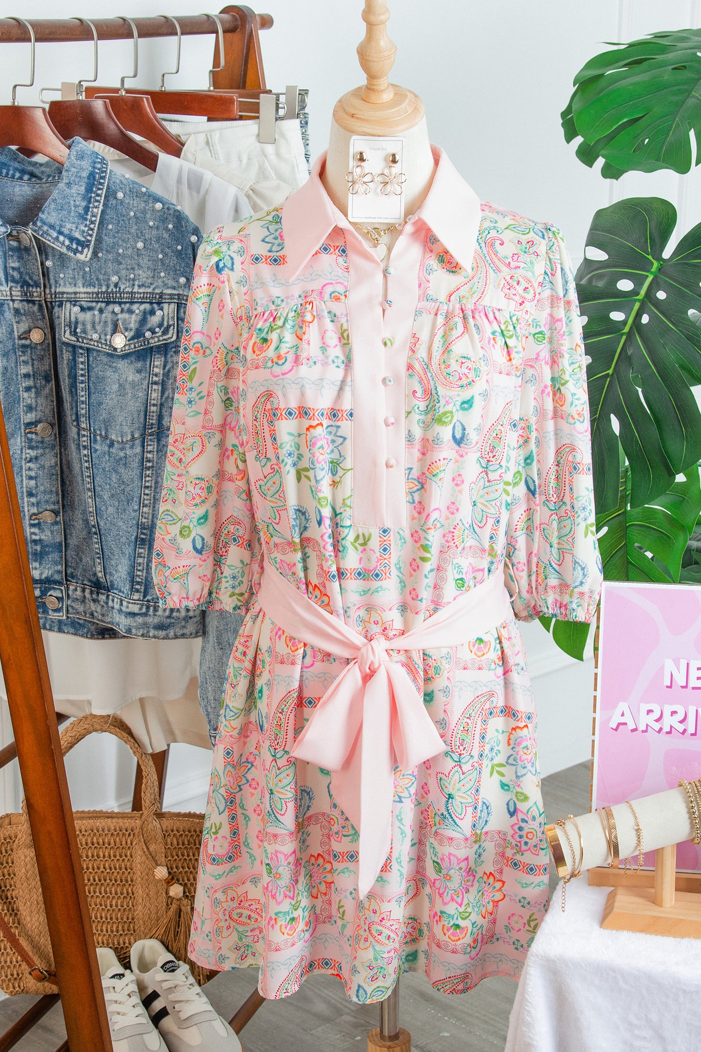 Pink Boho Floral Print Color Block Trim Half Button Belted Mini Dress-TOPS / DRESSES-[Adult]-[Female]-2022 Online Blue Zone Planet