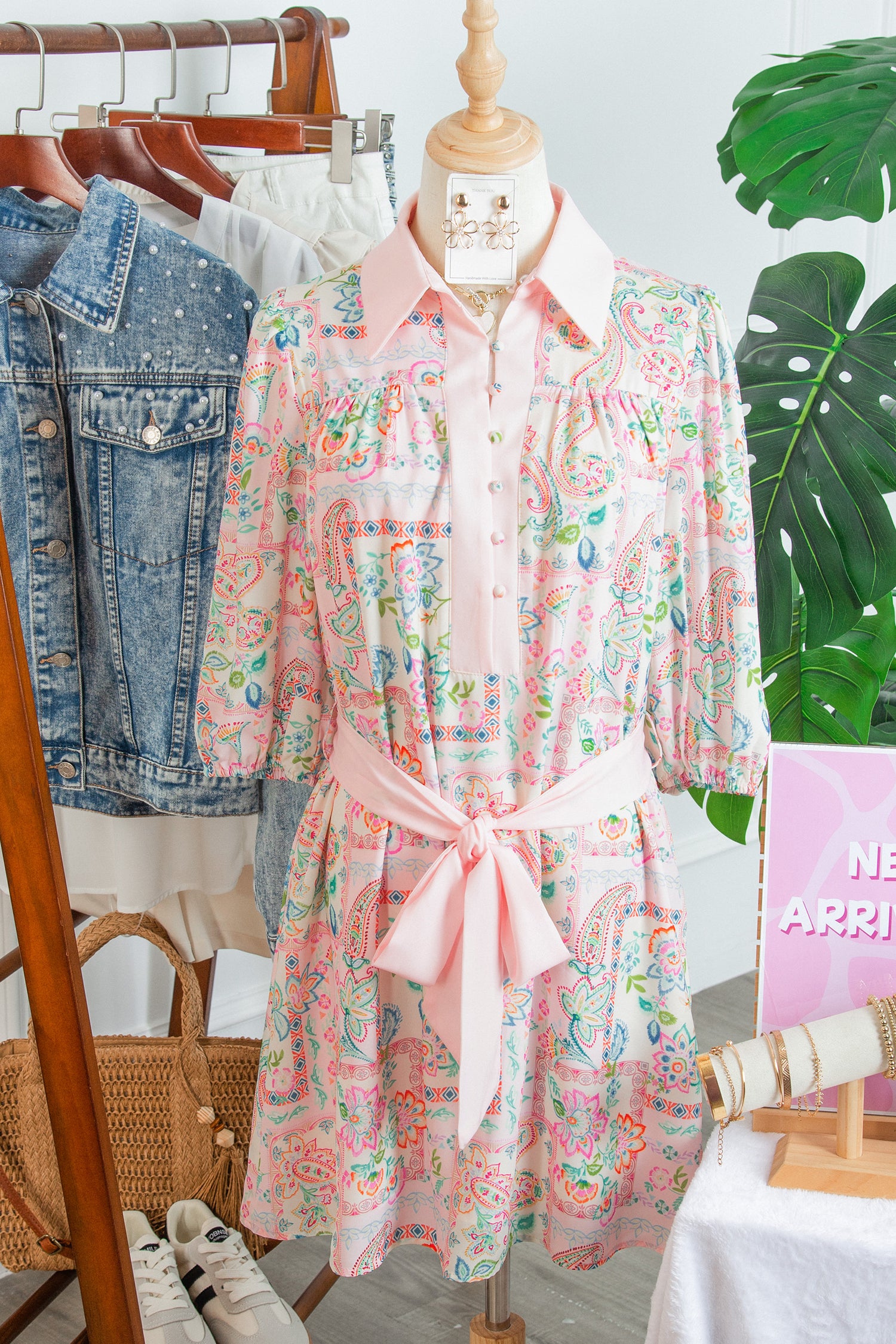 Pink Boho Floral Print Color Block Trim Half Button Belted Mini Dress-TOPS / DRESSES-[Adult]-[Female]-2022 Online Blue Zone Planet