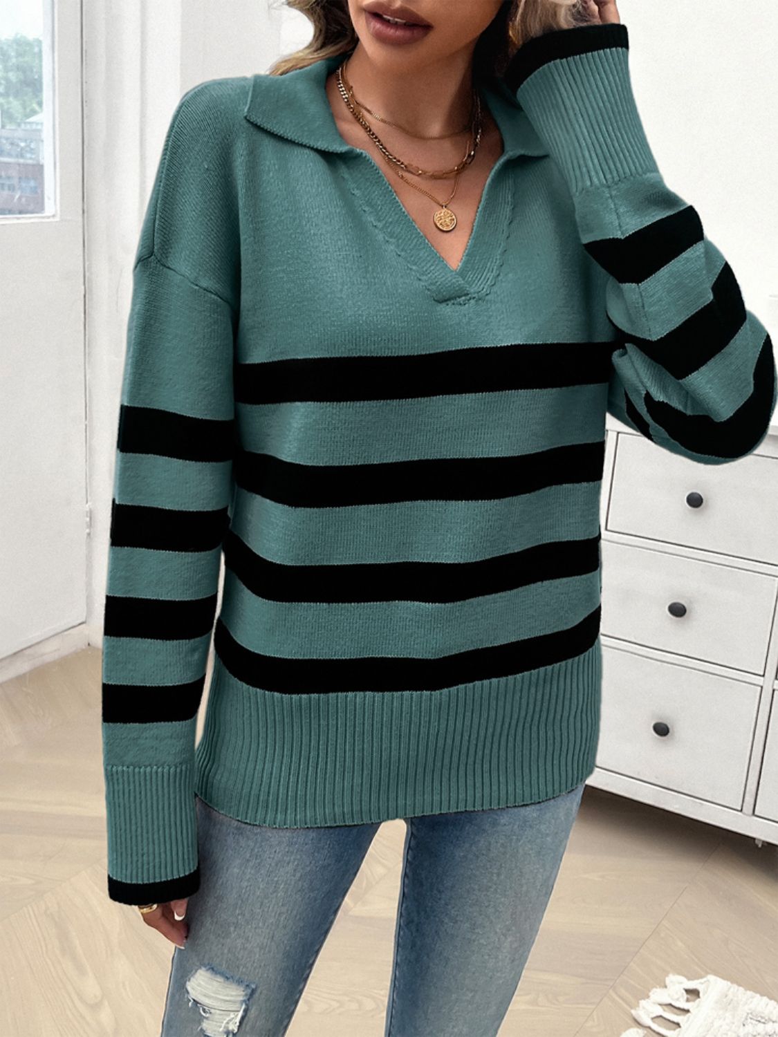 Striped Collared Neck Long Sleeve Sweater-TOPS / DRESSES-[Adult]-[Female]-2022 Online Blue Zone Planet