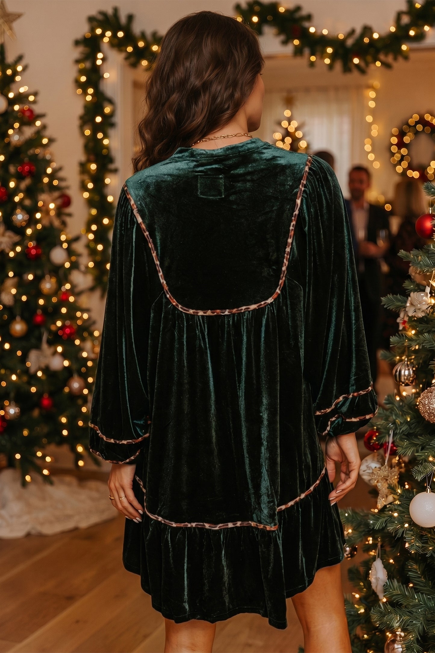 Blackish Green Leopard Trim Velvet Long Sleeve Shift Dress