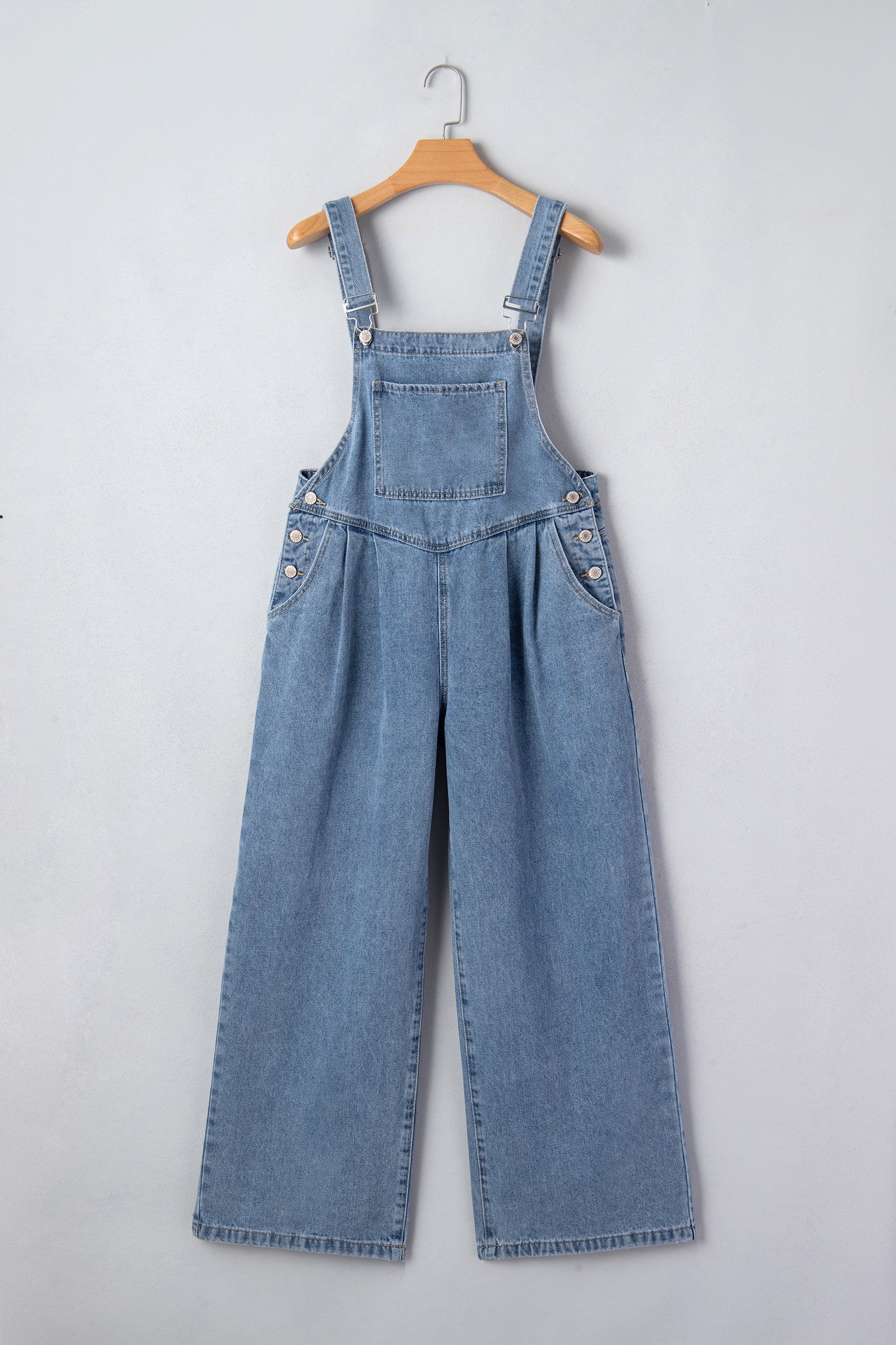 Dusk Blue Pleated Wide Leg Retro Pocketed Denim Jumpsuit-Bottoms/Jumpsuits & Rompers-[Adult]-[Female]-2022 Online Blue Zone Planet