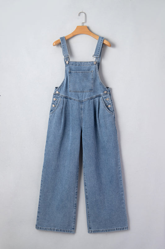 Dusk Blue Pleated Wide Leg Retro Pocketed Denim Jumpsuit-Bottoms/Jumpsuits & Rompers-[Adult]-[Female]-2022 Online Blue Zone Planet