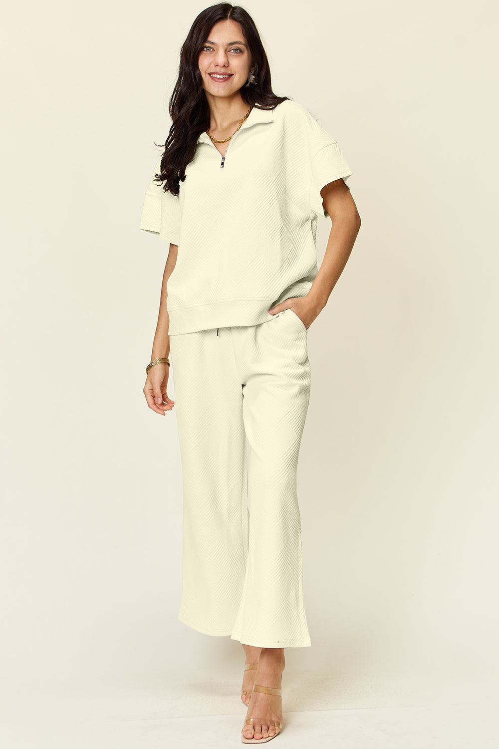 Double Take Full Size Texture Half Zip Short Sleeve Top and Pants Set-TOPS / DRESSES-[Adult]-[Female]-Cream-S-2022 Online Blue Zone Planet