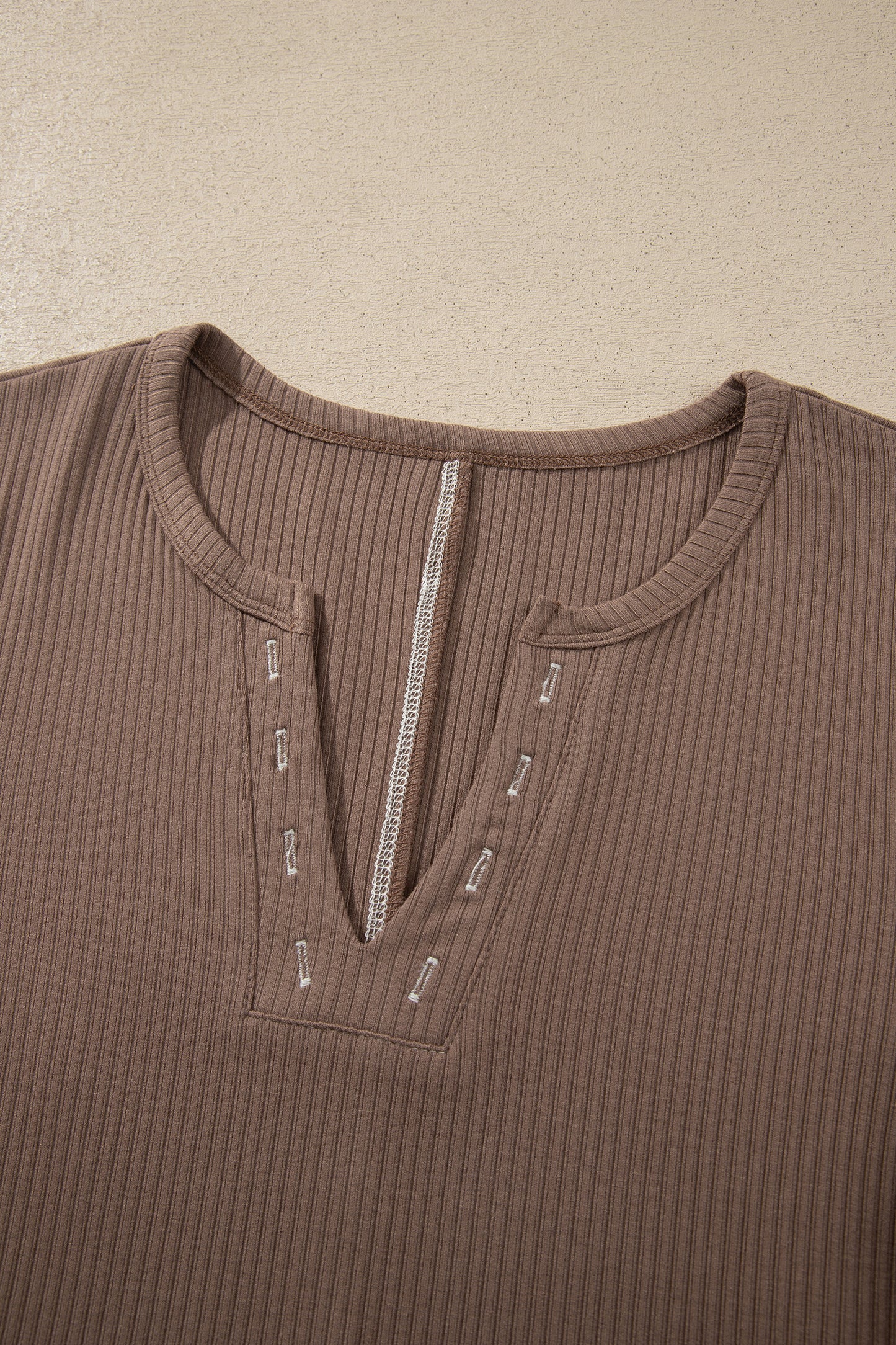 Dark Khaki V Neck Ribbed Stitched Detail Long Sleeve Top-Tops/Long Sleeve Tops-[Adult]-[Female]-2022 Online Blue Zone Planet