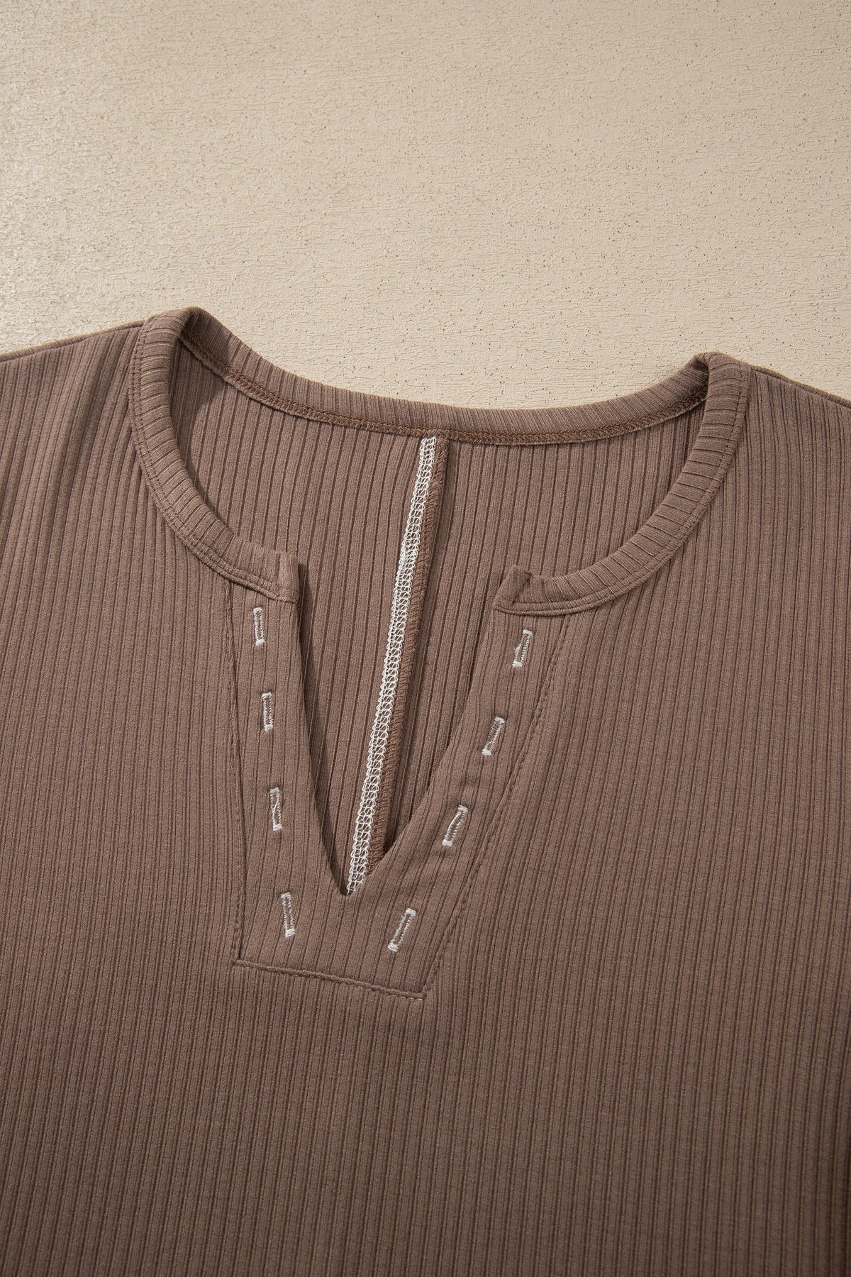 Dark Khaki V Neck Ribbed Stitched Detail Long Sleeve Top-Tops/Long Sleeve Tops-[Adult]-[Female]-2022 Online Blue Zone Planet